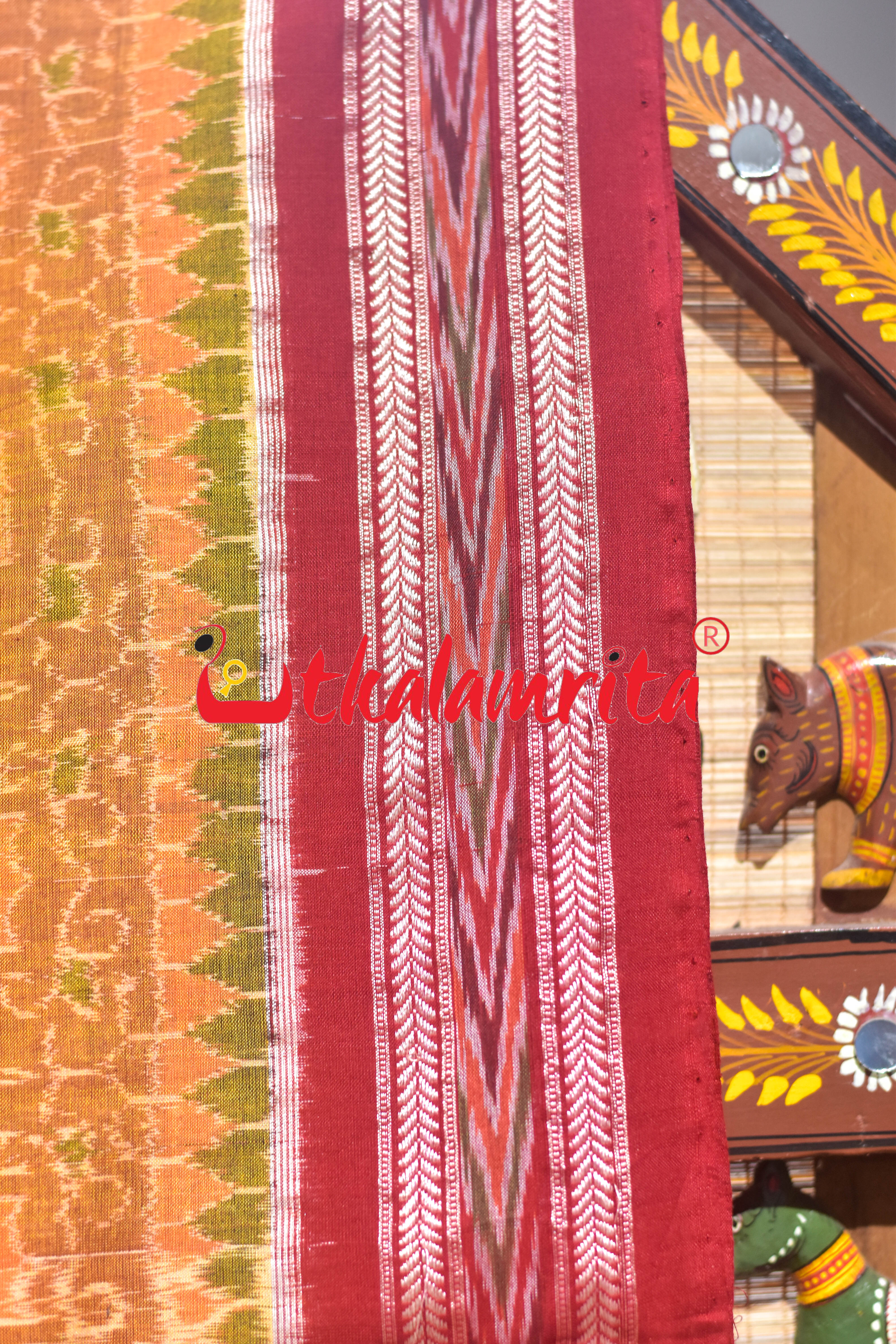 Yellow Green Red Ganjappa Cards Sambalpuri Cotton Saree