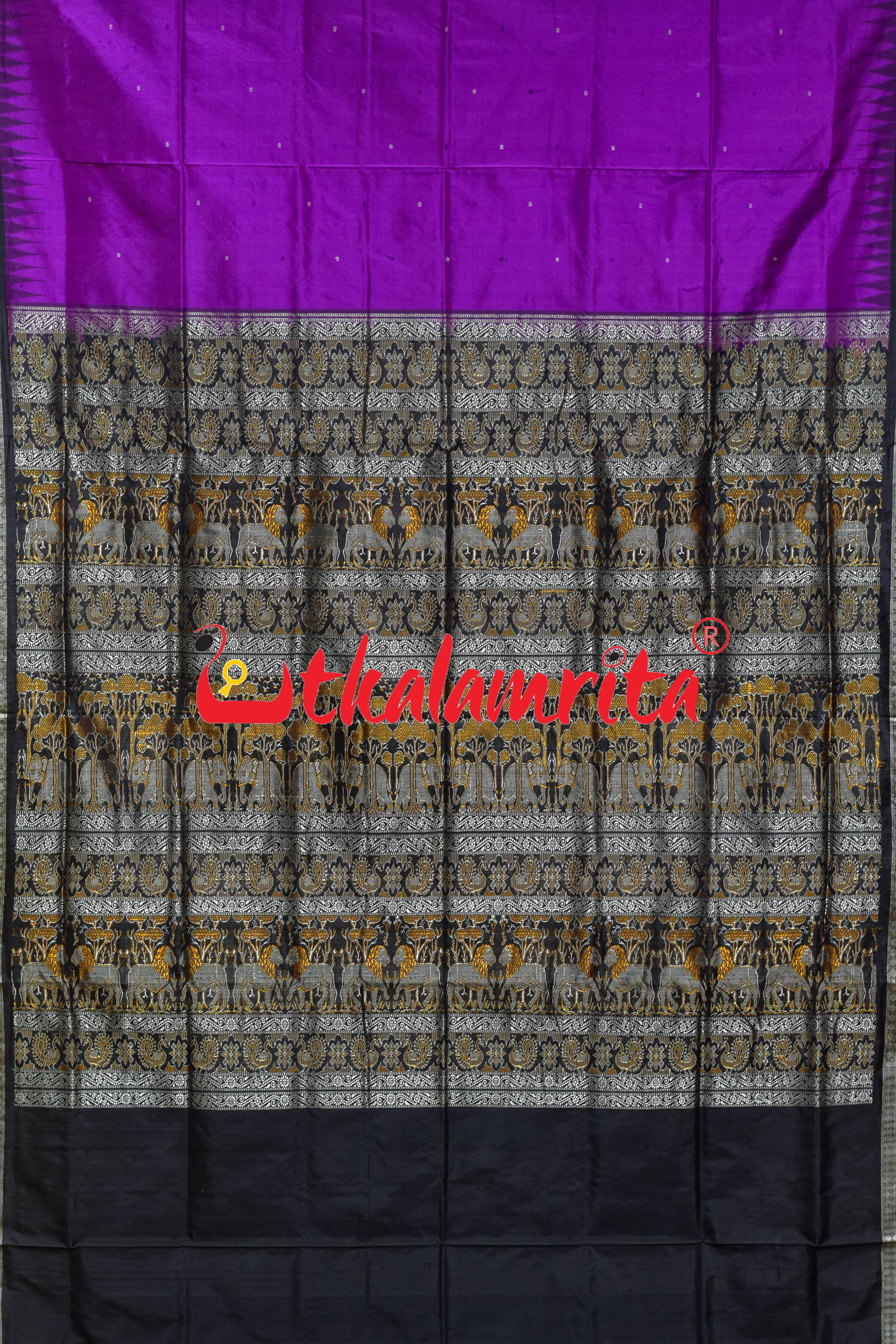 Purple Black Animal Anchal Bomkai Silk Saree