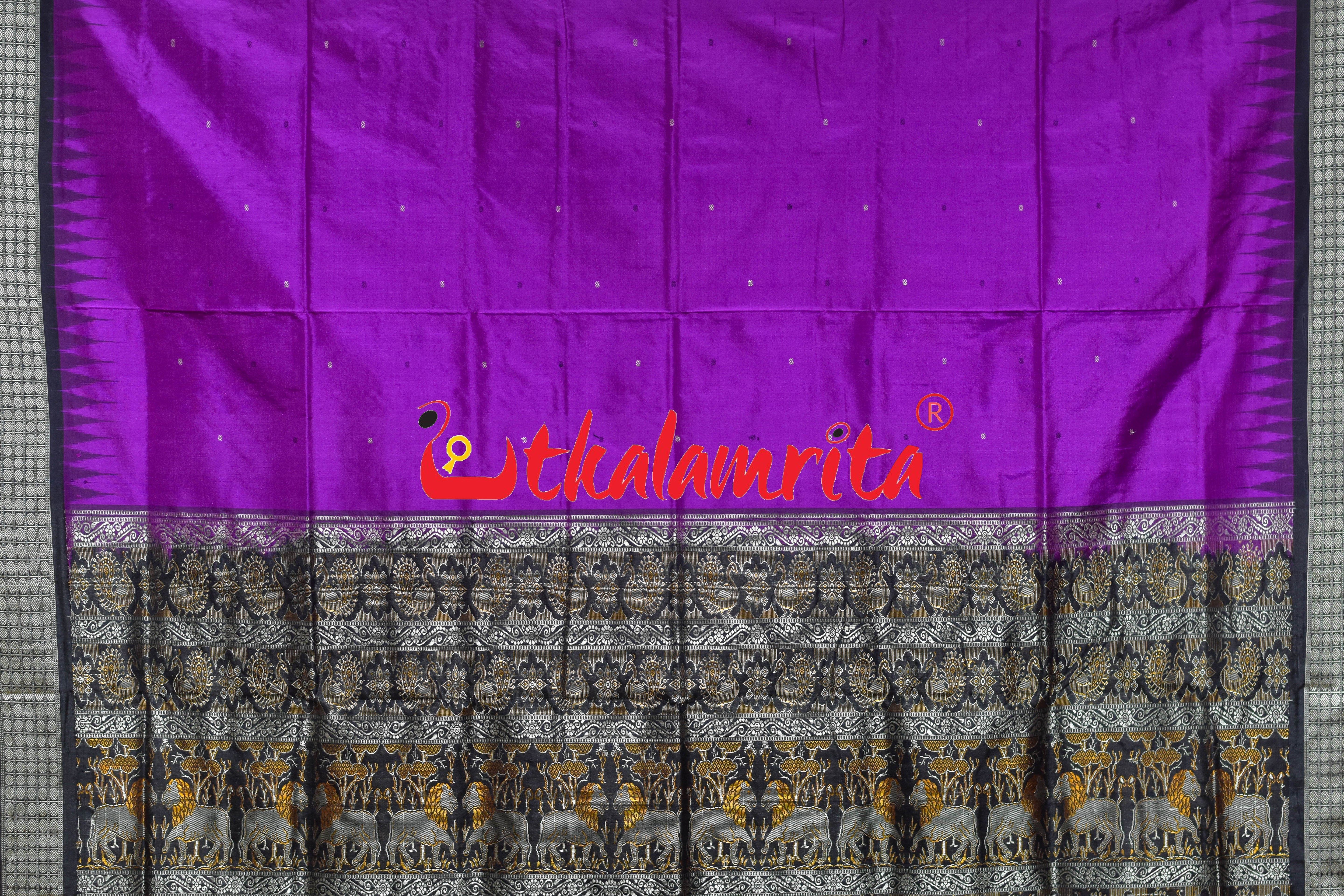 Purple Black Animal Anchal Bomkai Silk Saree