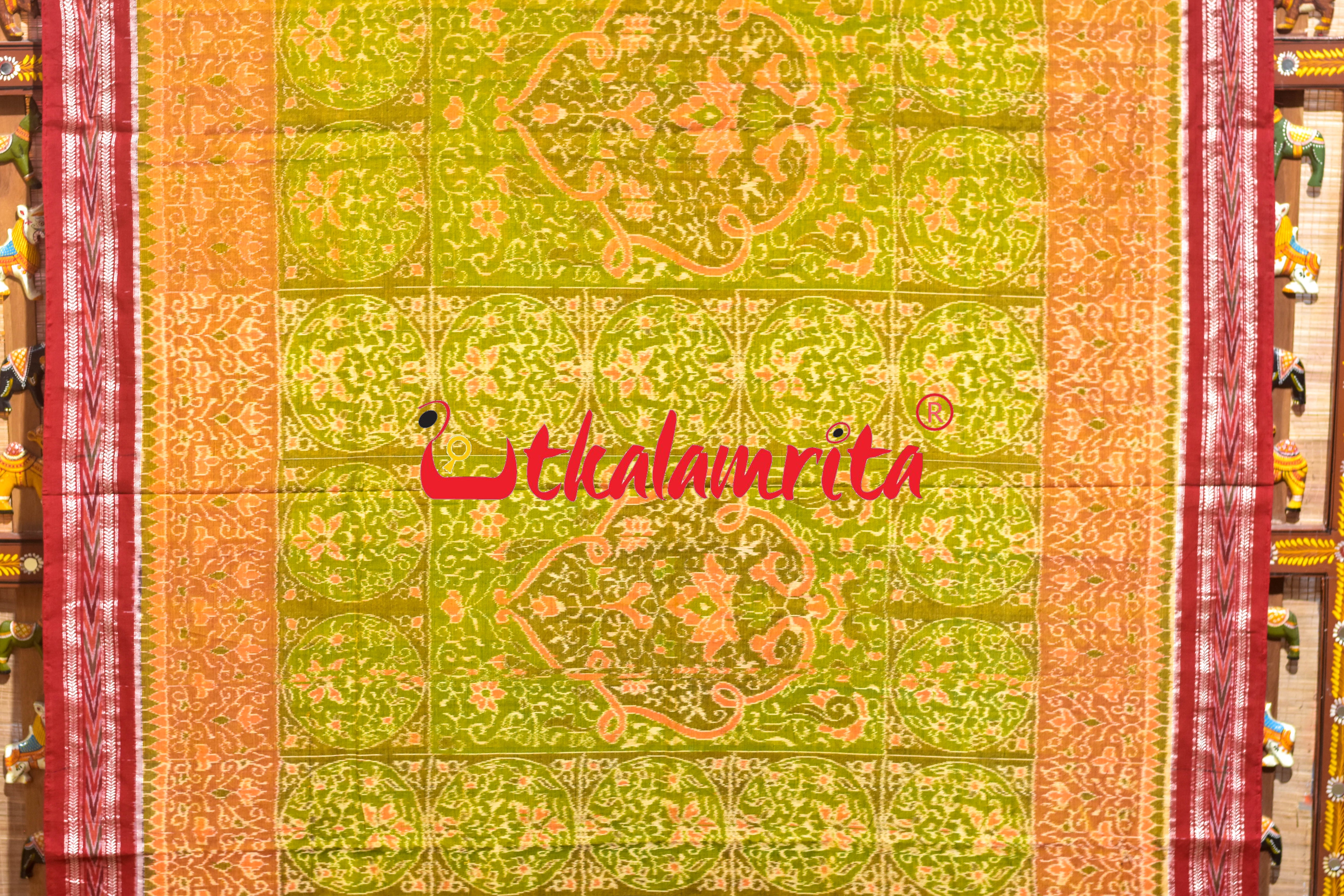 Yellow Green Red Ganjappa Cards Sambalpuri Cotton Saree