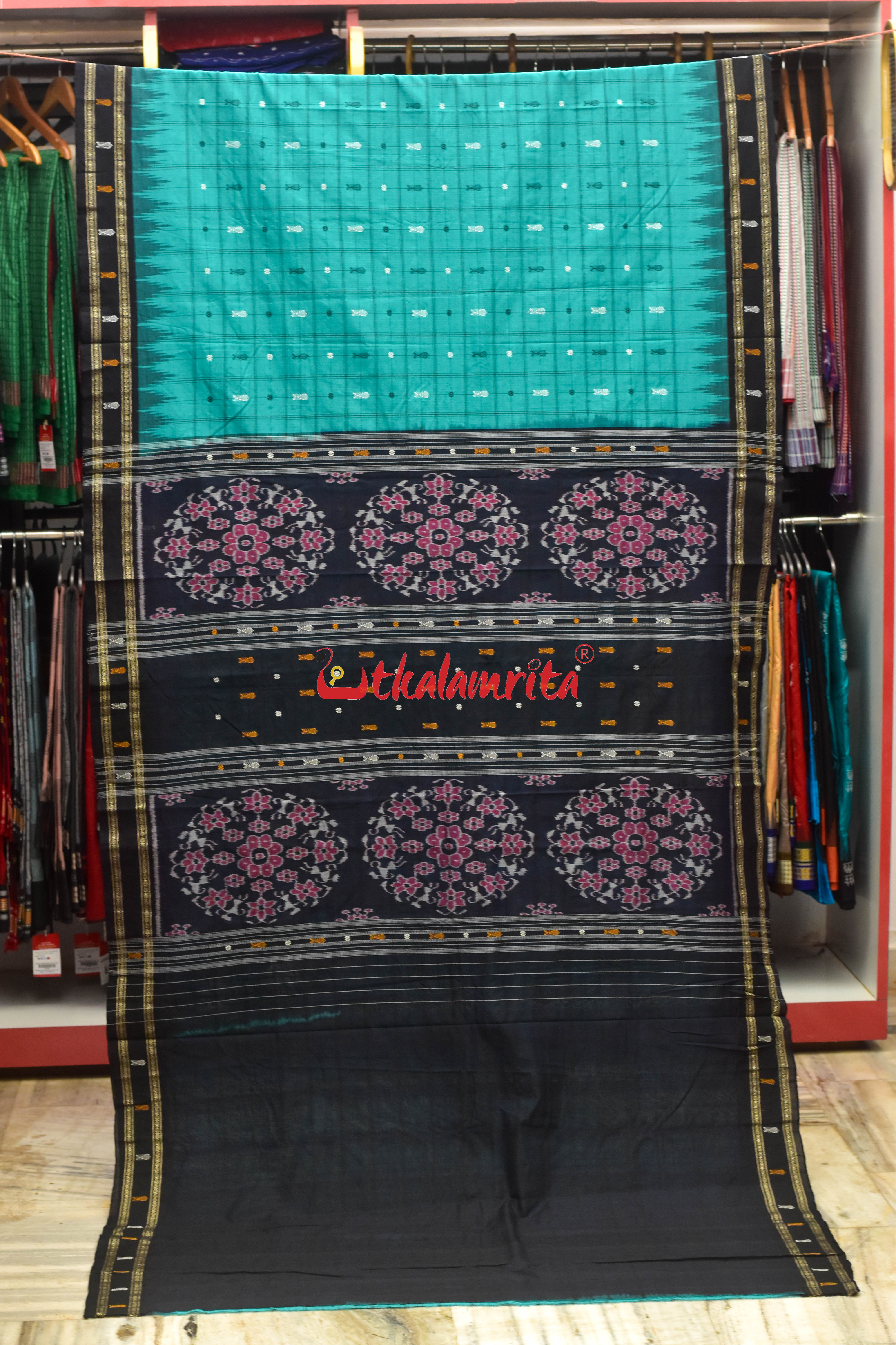 Nuapatna Hazar Buti Sea Green Black Cotton Saree