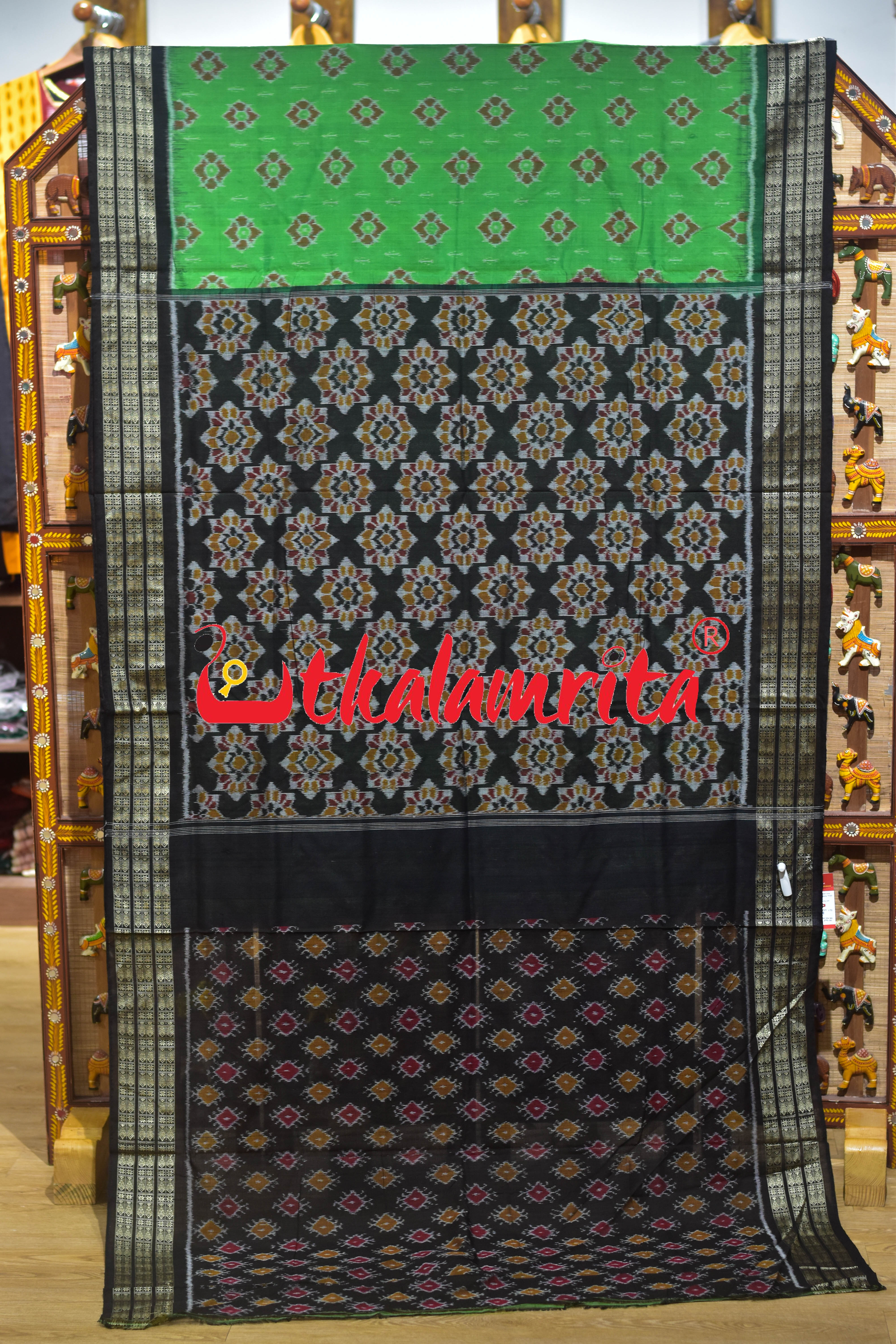 Parrot Green Black Flower Sambalpuri Cotton Saree