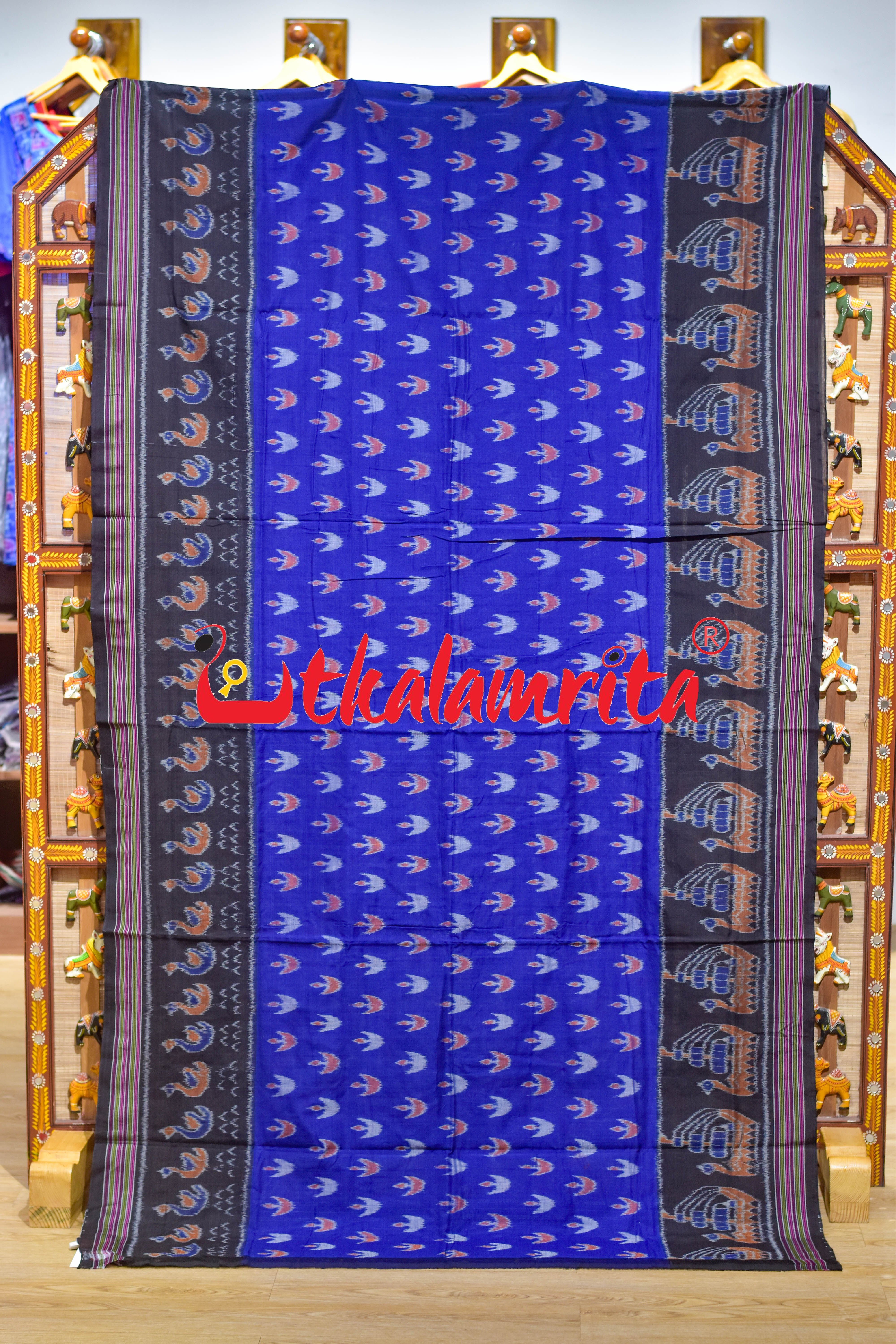 Deep Blue Ducks & Boita Khandua Cotton Saree