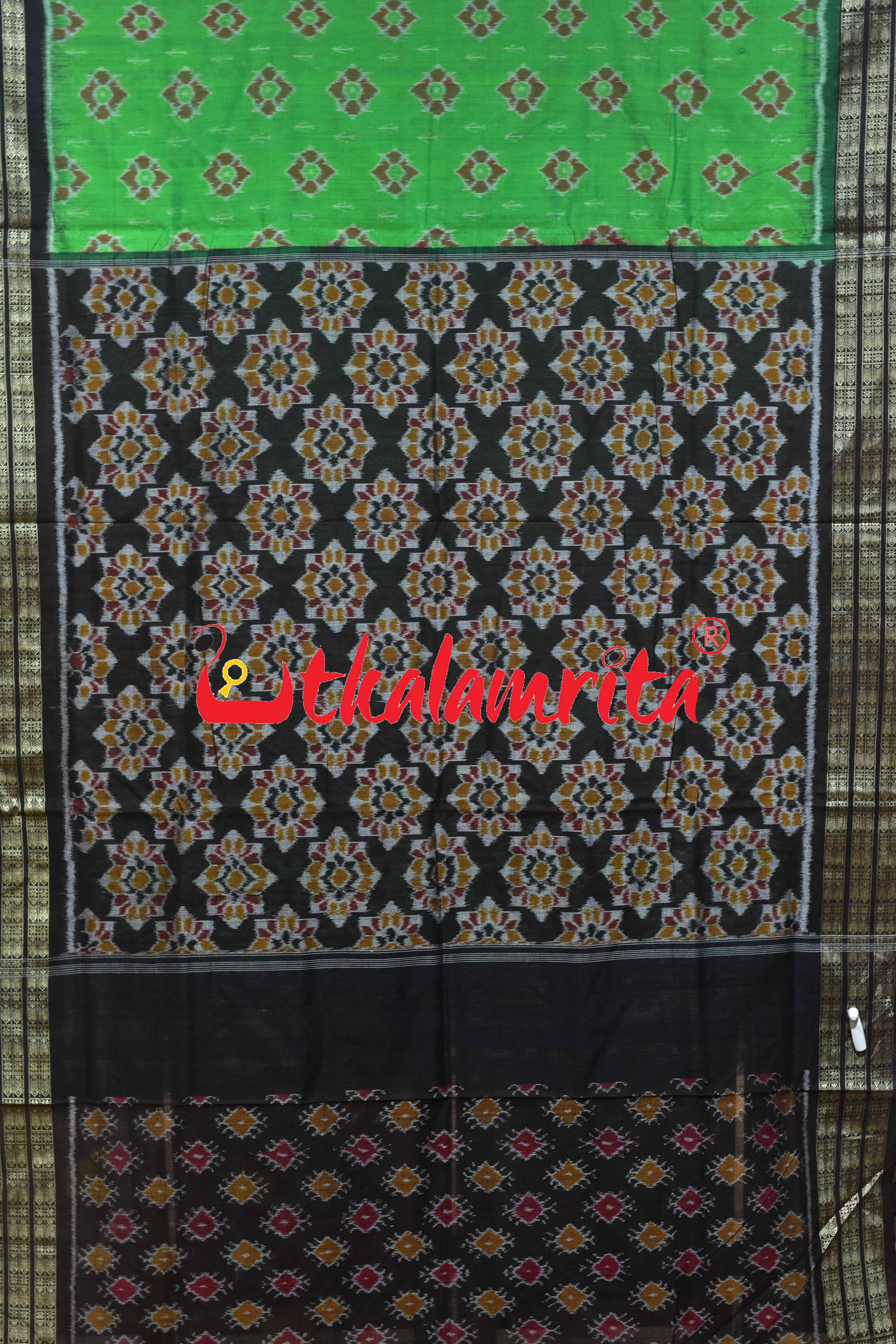 Parrot Green Black Flower Sambalpuri Cotton Saree
