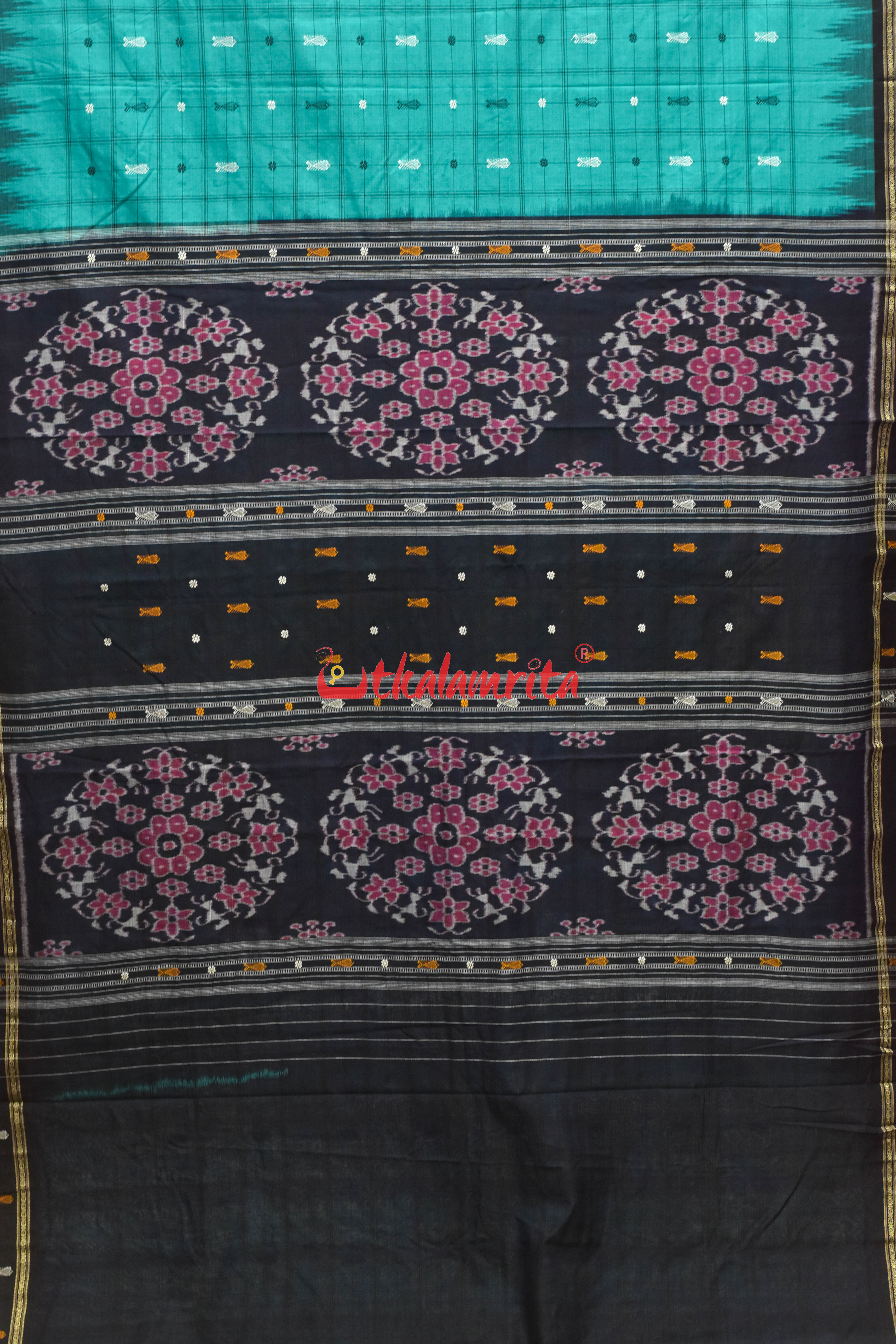 Nuapatna Hazar Buti Sea Green Black Cotton Saree