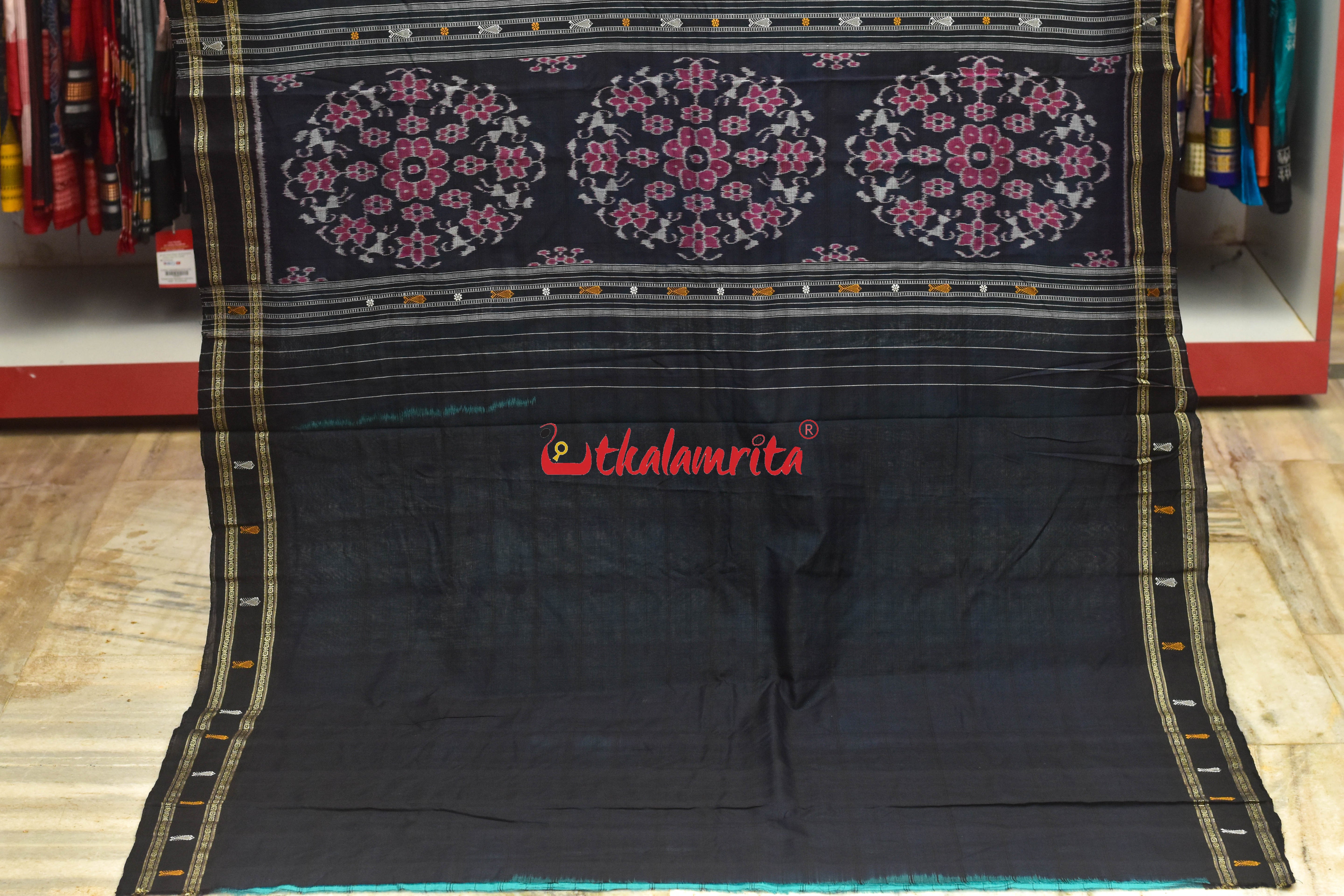 Nuapatna Hazar Buti Sea Green Black Cotton Saree