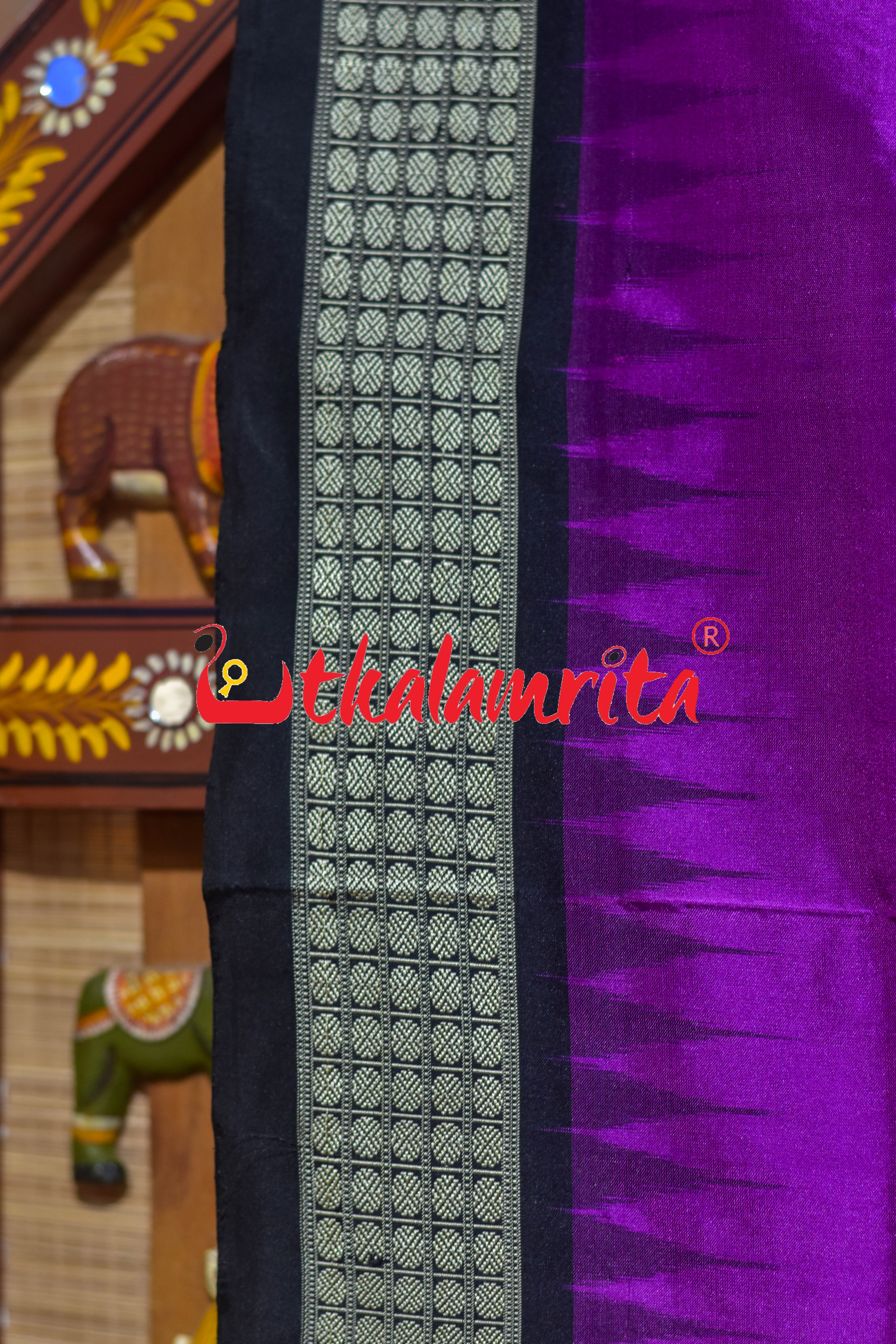 Purple Black Animal Anchal Bomkai Silk Saree