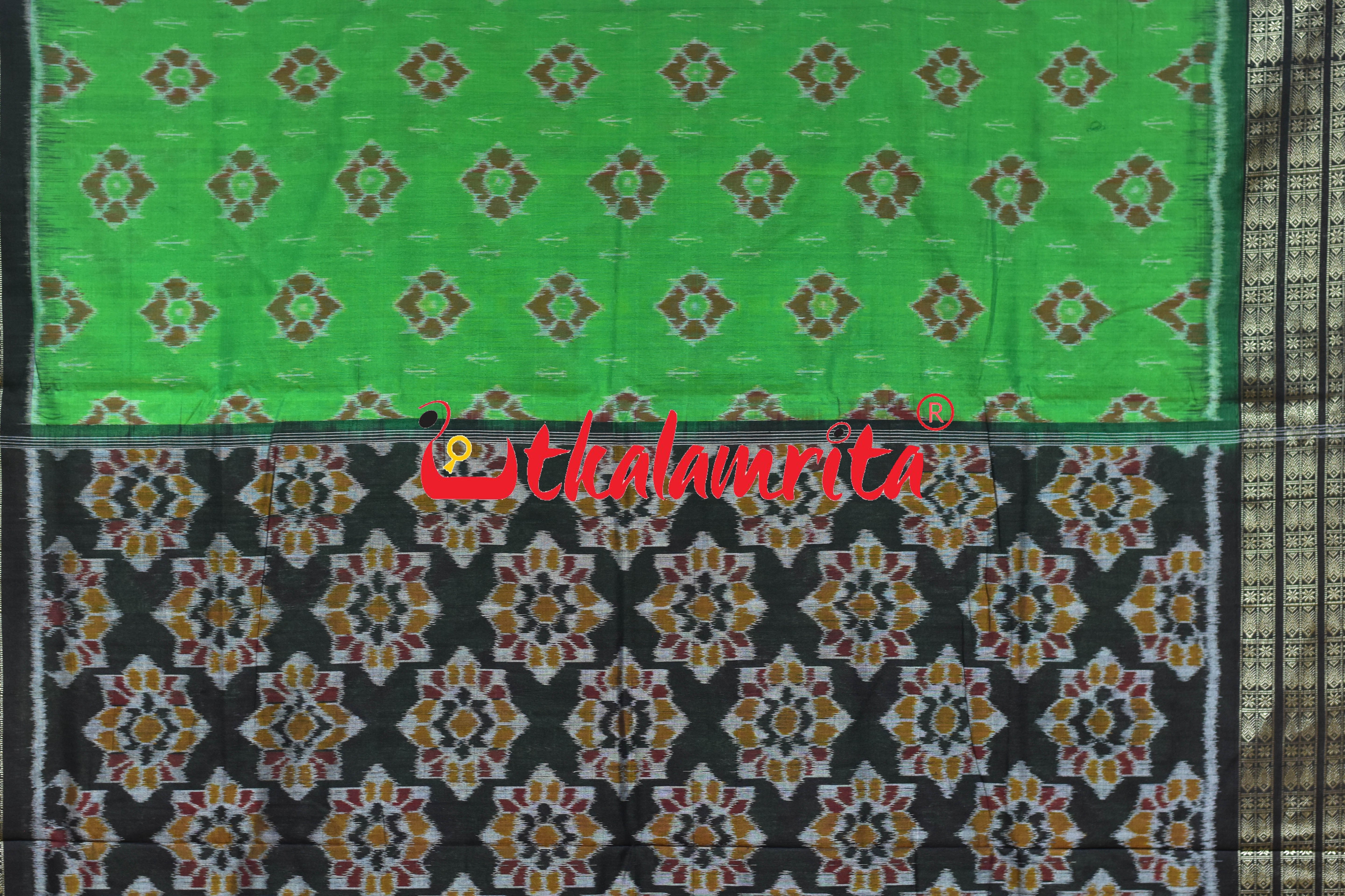 Parrot Green Black Flower Sambalpuri Cotton Saree