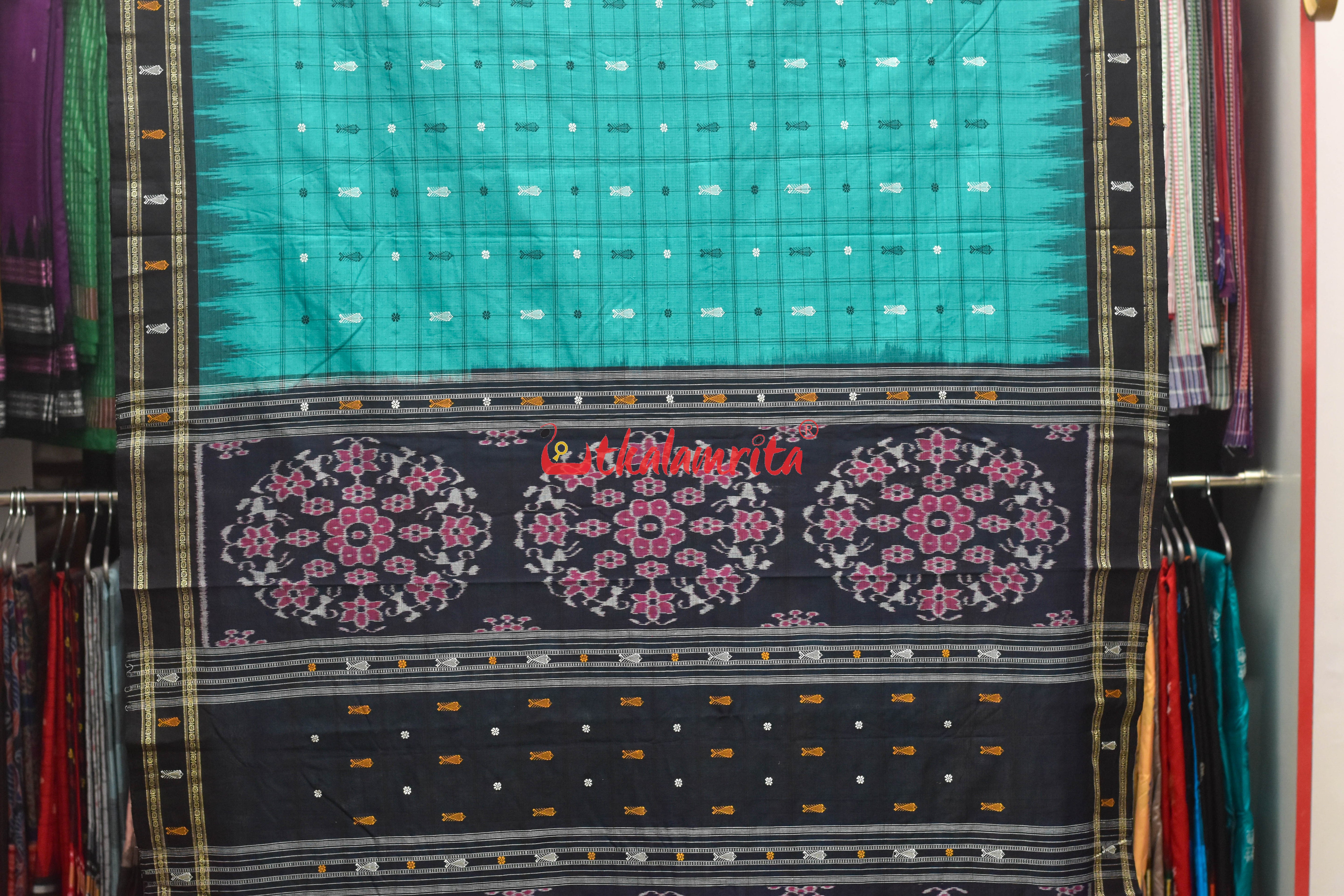 Nuapatna Hazar Buti Sea Green Black Cotton Saree