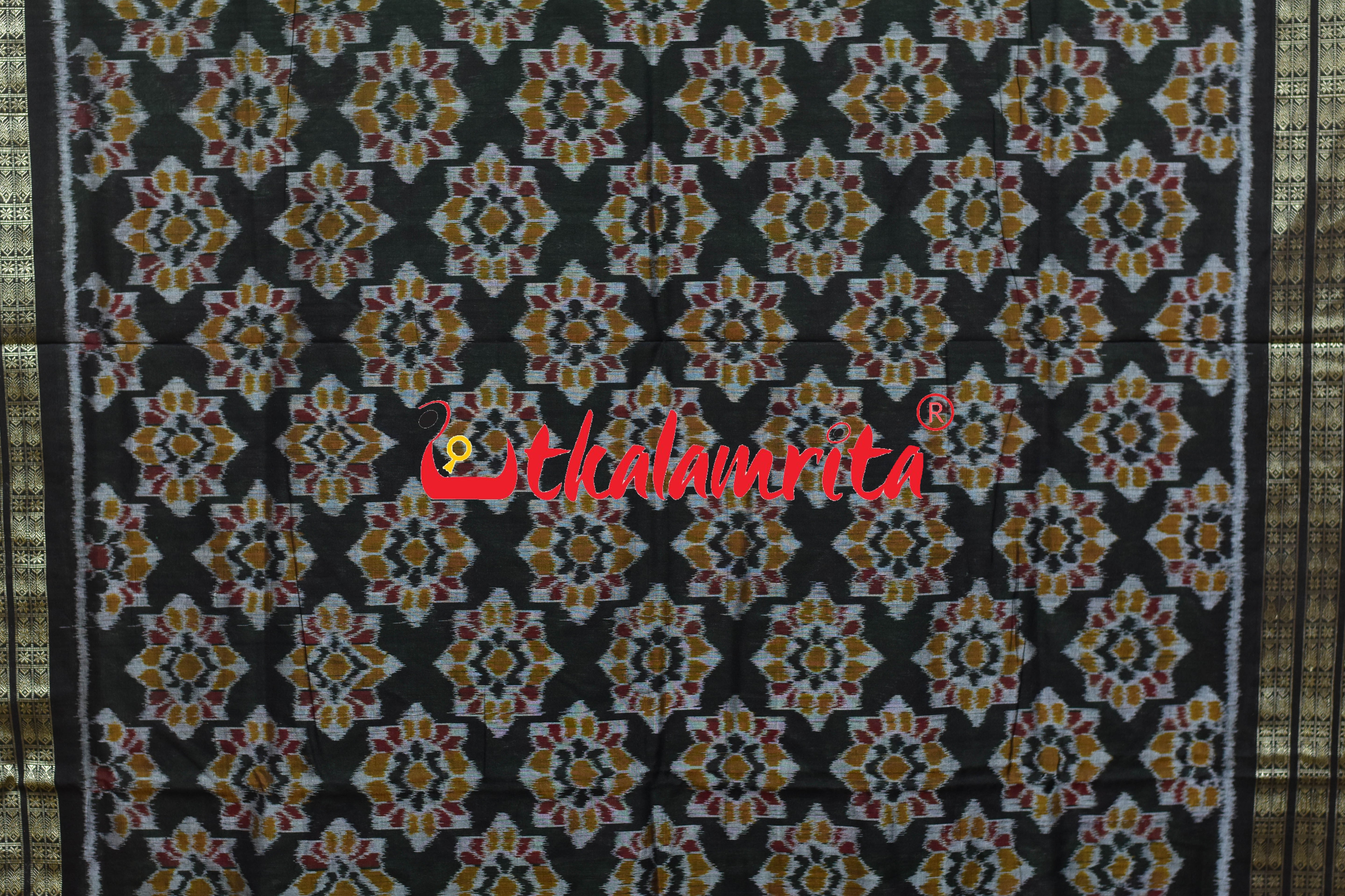 Parrot Green Black Flower Sambalpuri Cotton Saree