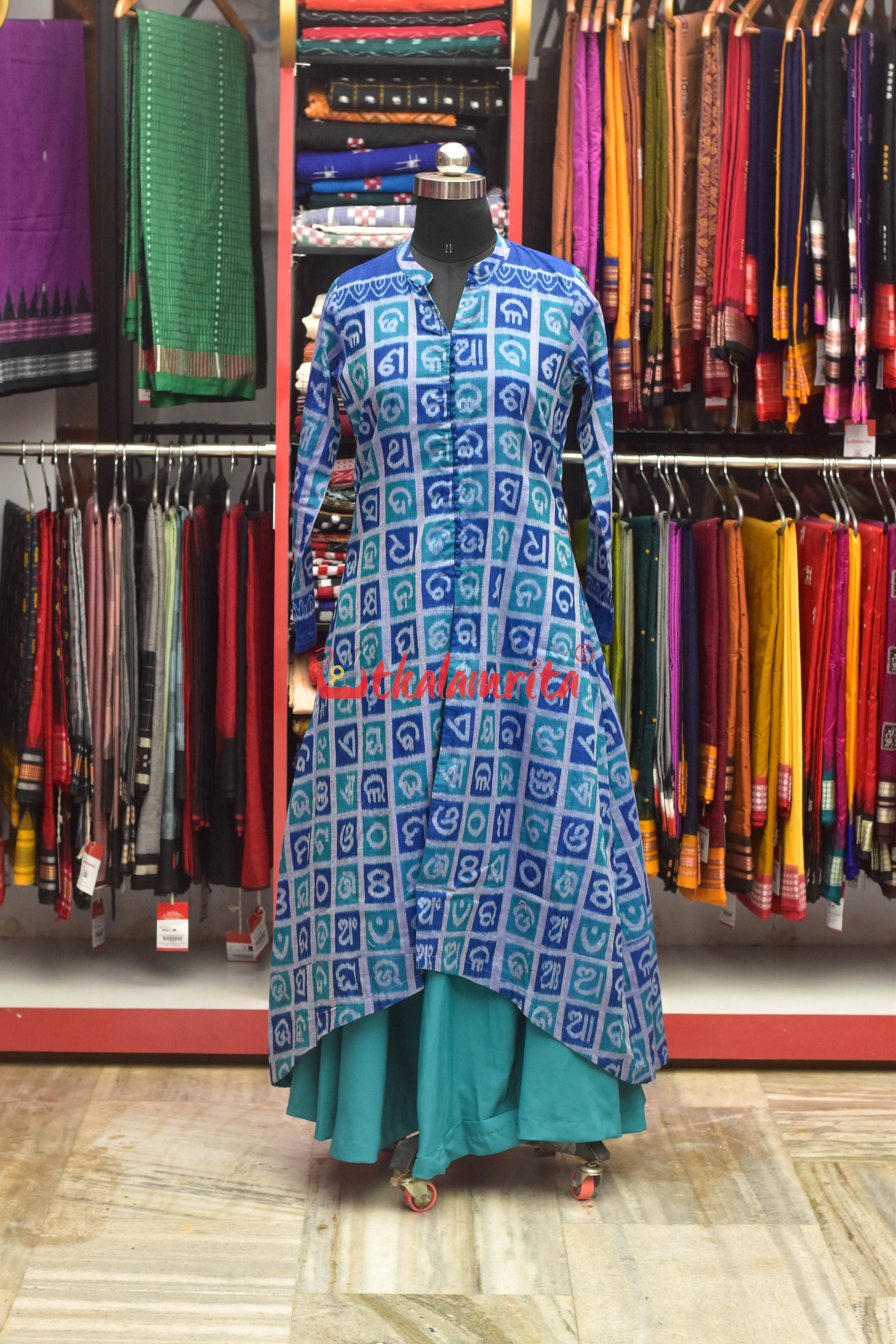 Odia Alphabet Blue Teal Sambalpuri Cotton (Fabric)
