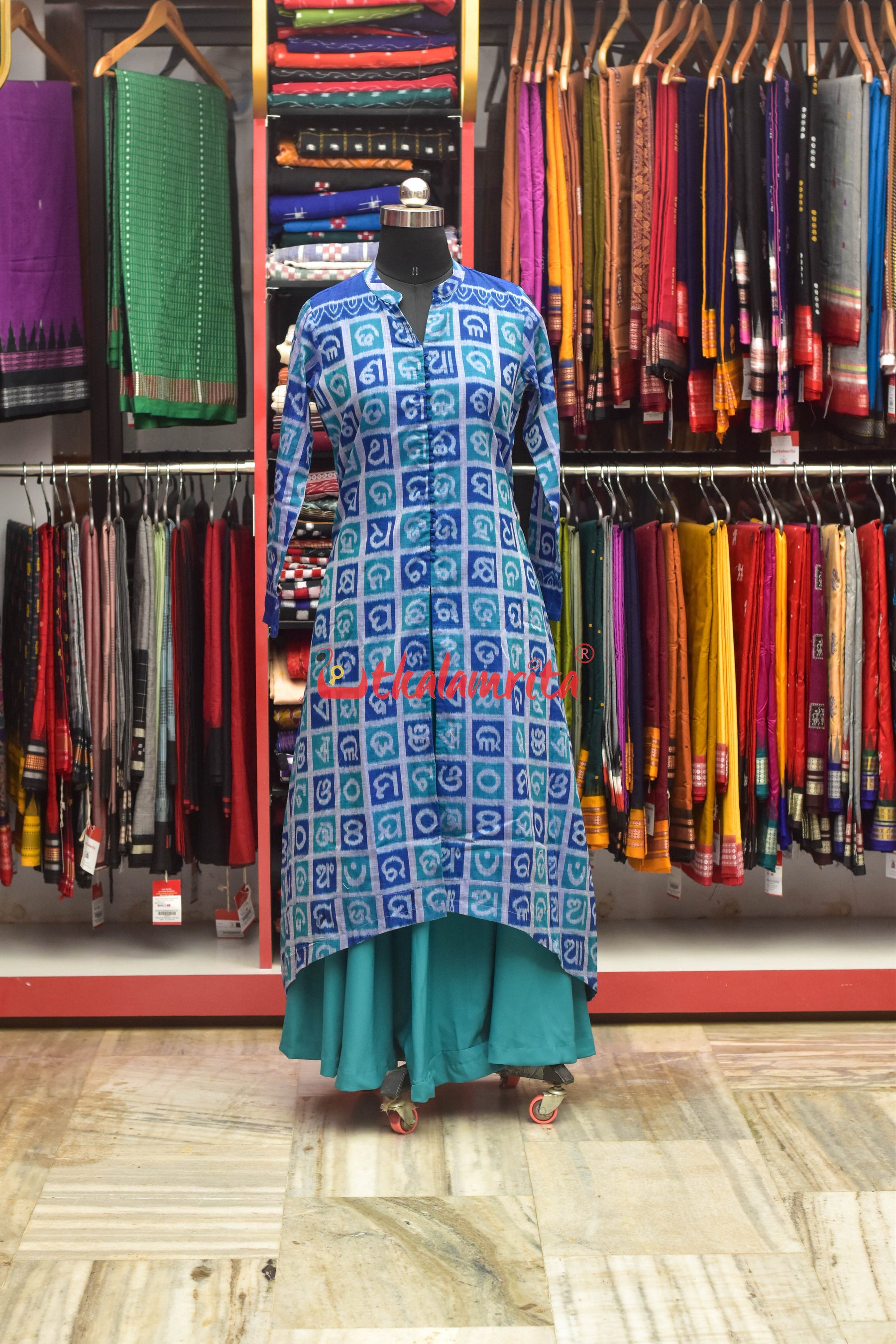 Odia Alphabet Blue Teal Sambalpuri Cotton (Fabric)