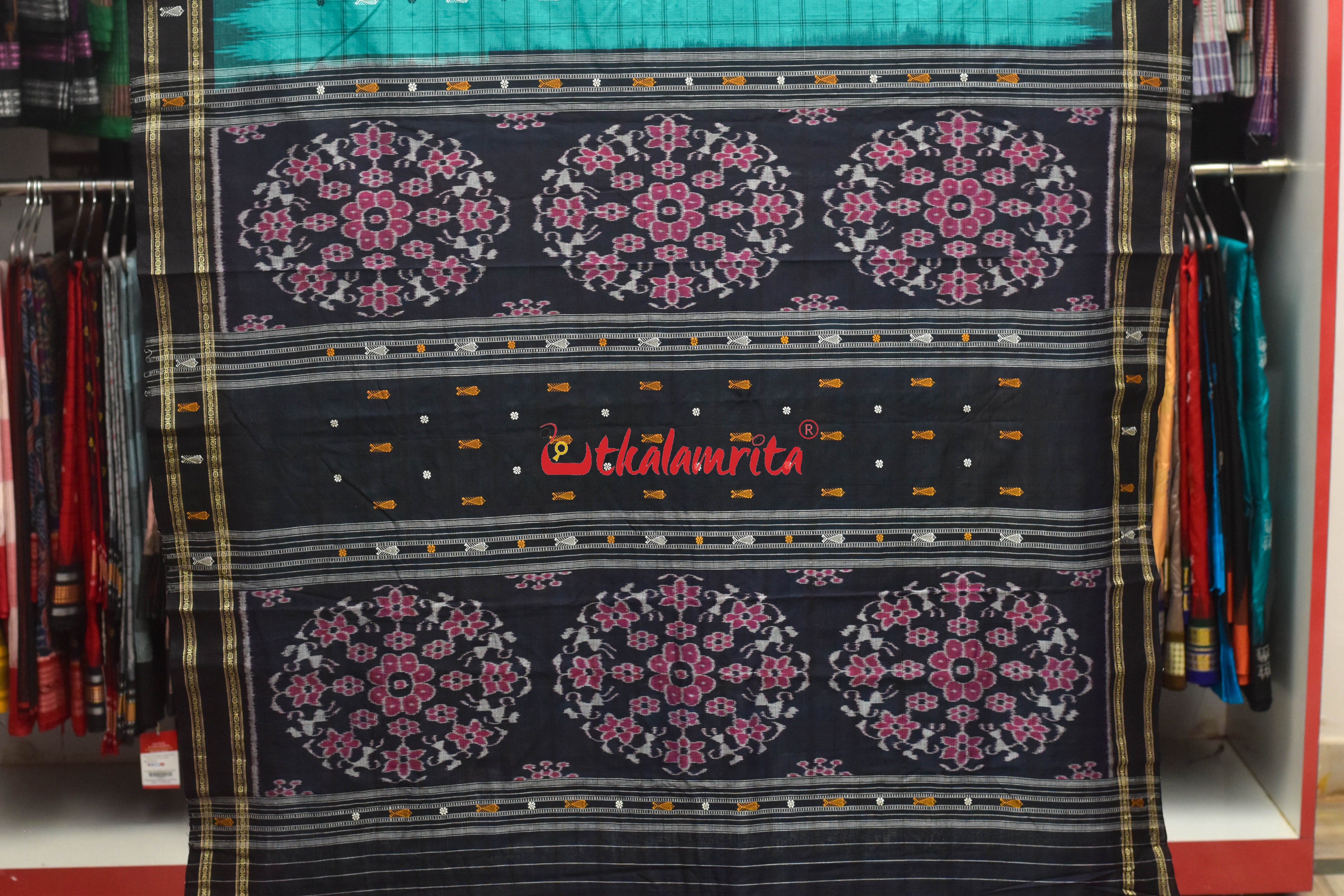 Nuapatna Hazar Buti Sea Green Black Cotton Saree