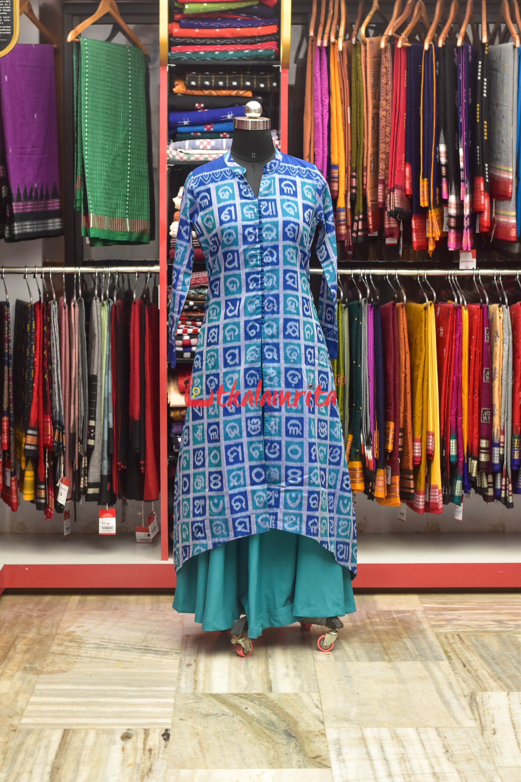 Odia Alphabet Blue Teal Sambalpuri Cotton (Fabric)