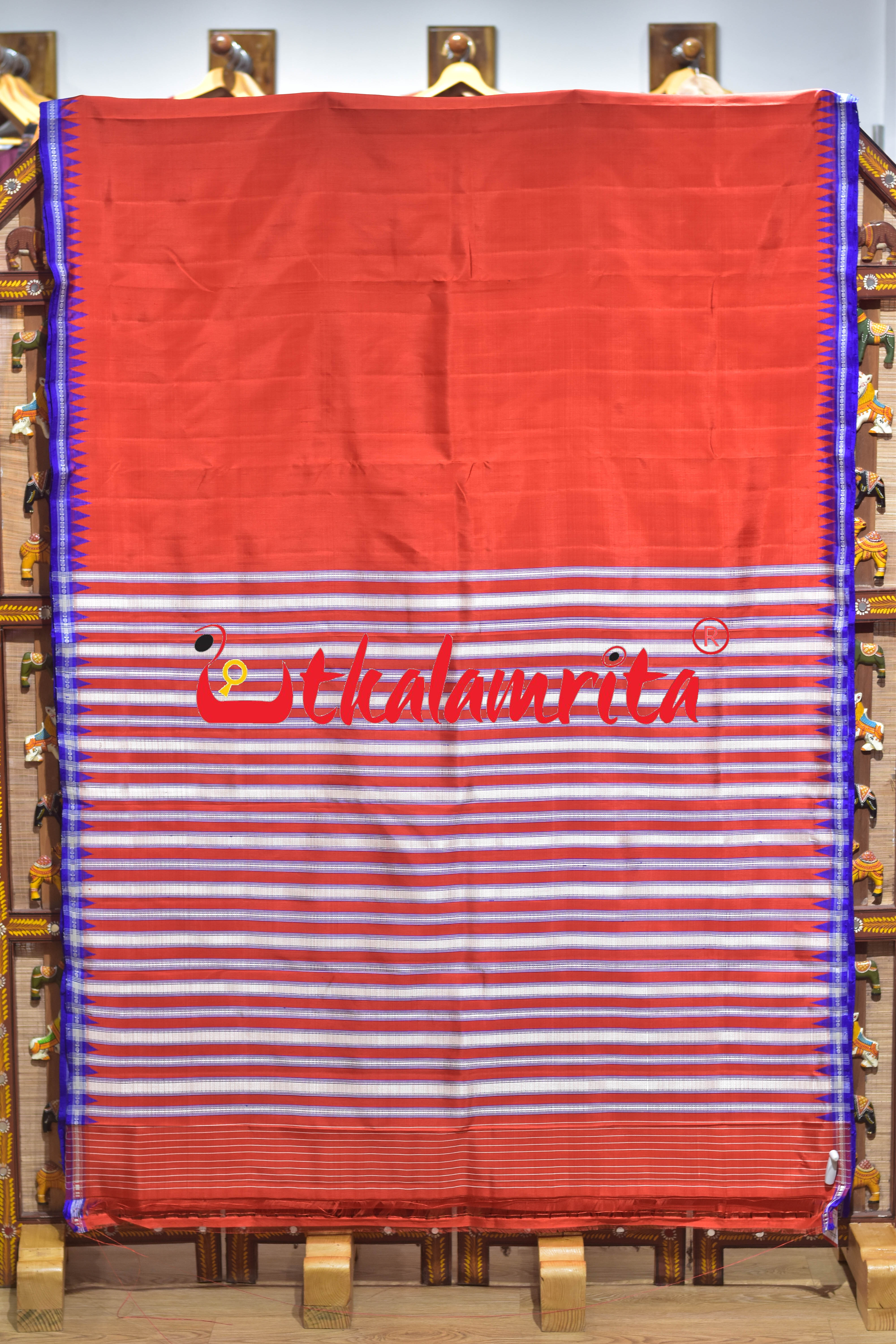 Orange Blue Border Double Anchal Berhampuri Silk Saree