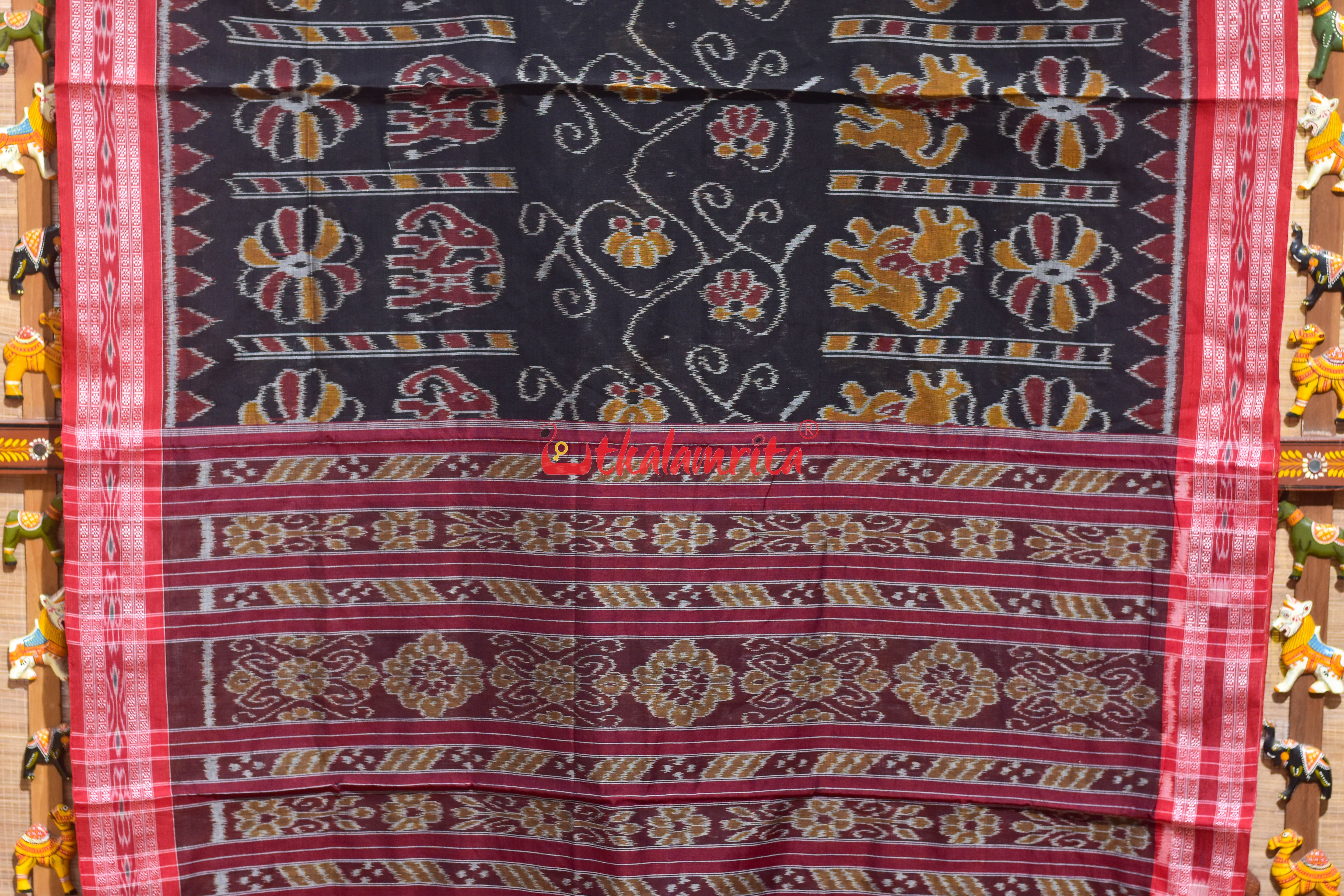 Black Red Elephant Khandua Cotton Saree