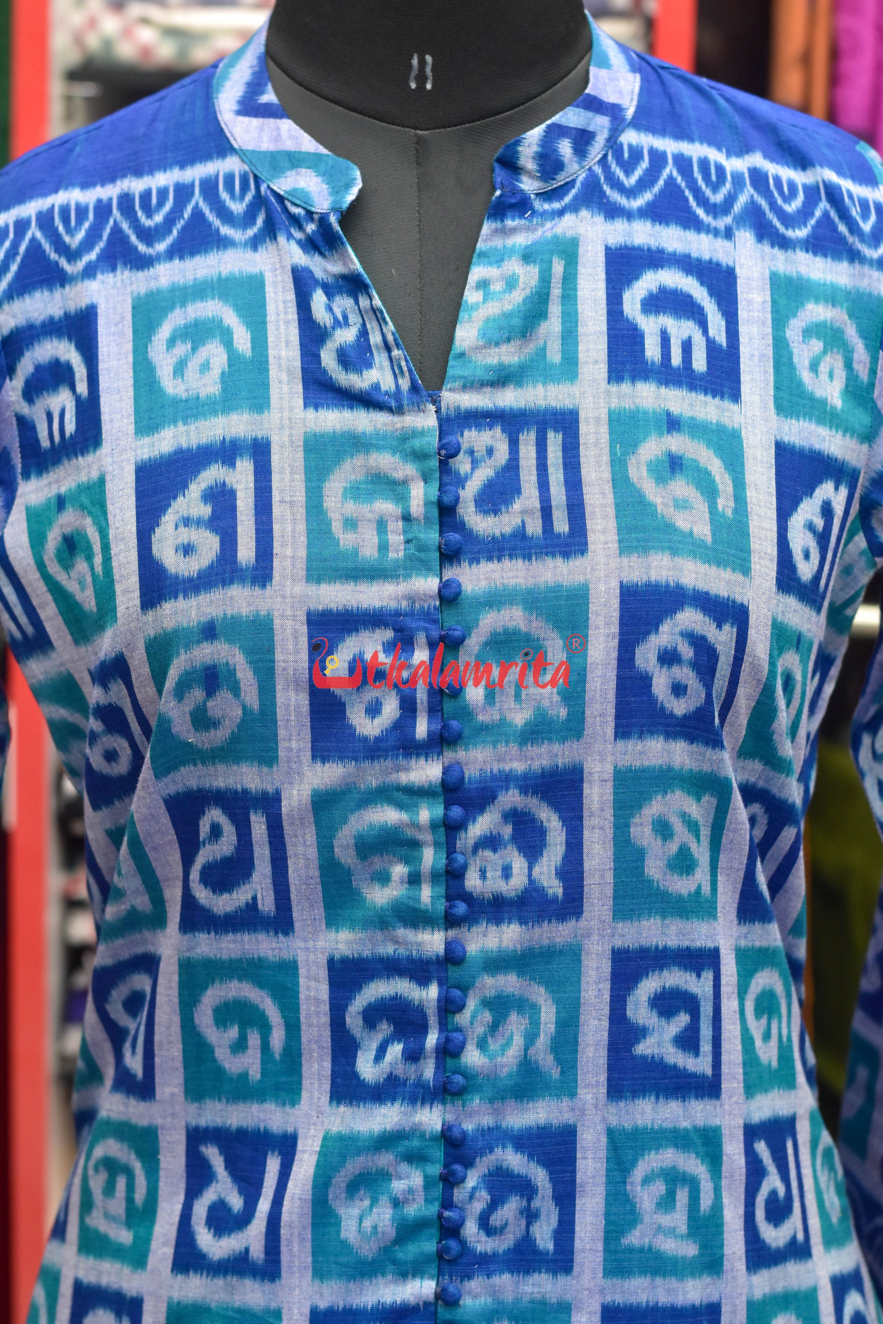 Odia Alphabet Blue Teal Sambalpuri Cotton (Fabric)