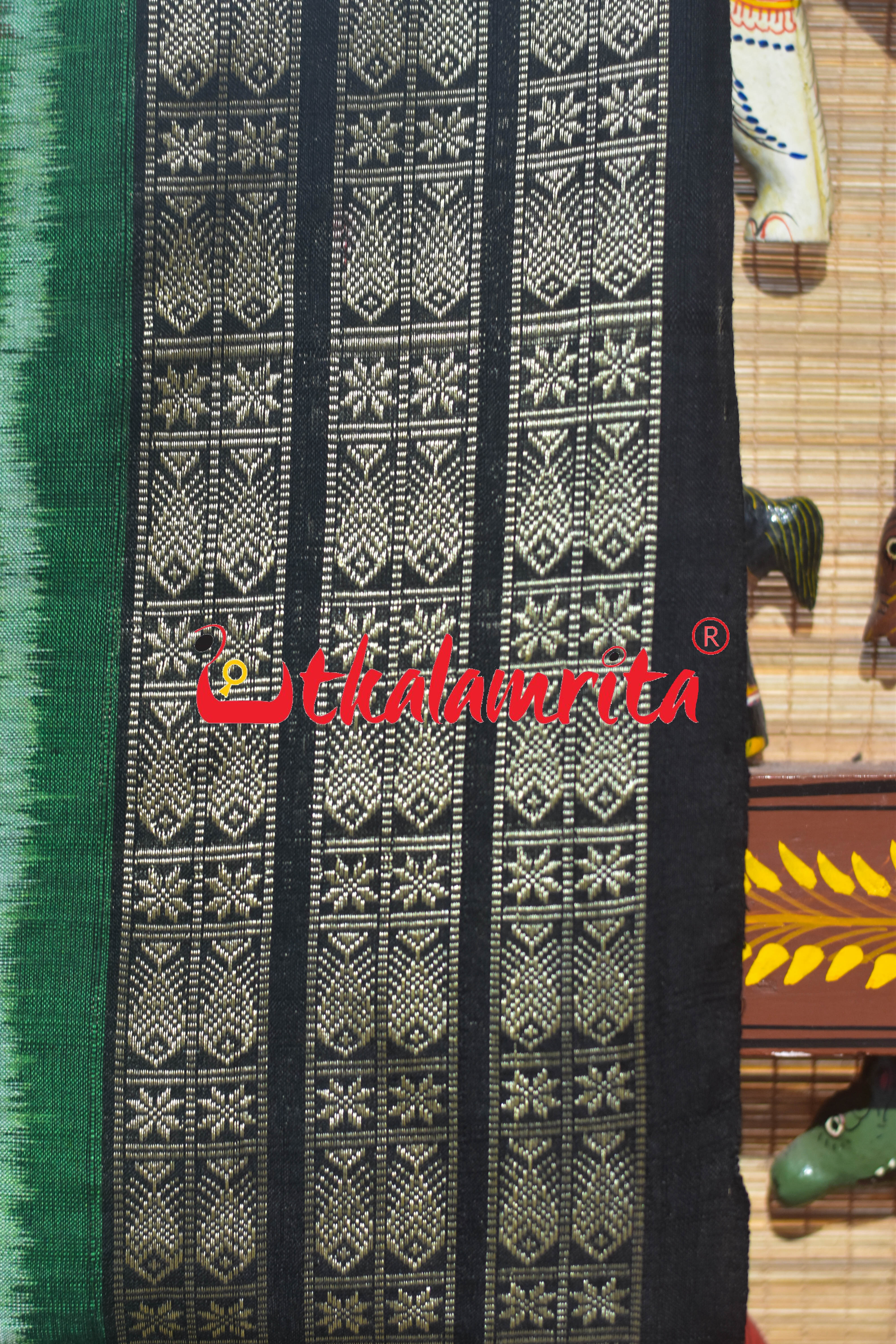 Parrot Green Black Flower Sambalpuri Cotton Saree