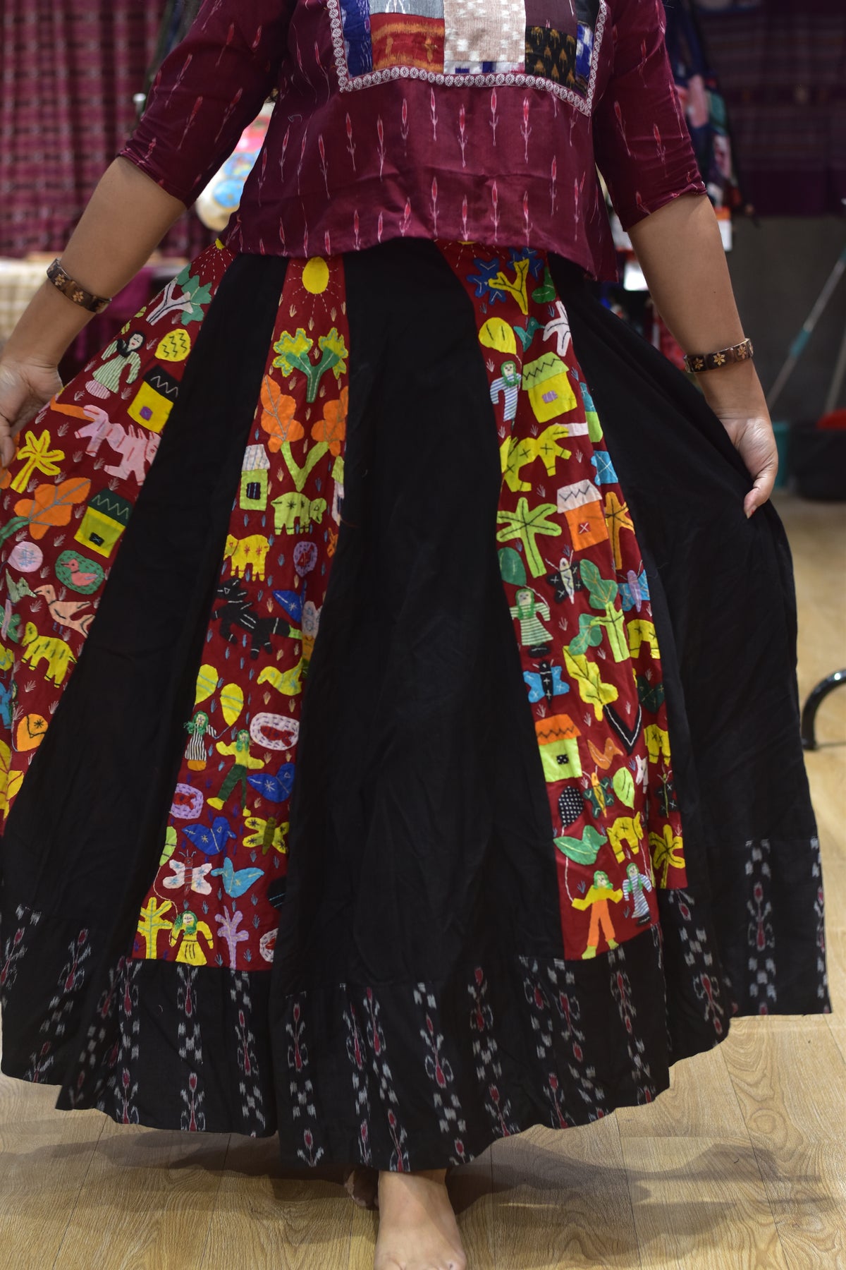 Black Applique Fusion Ikat Designer Garba Skirt