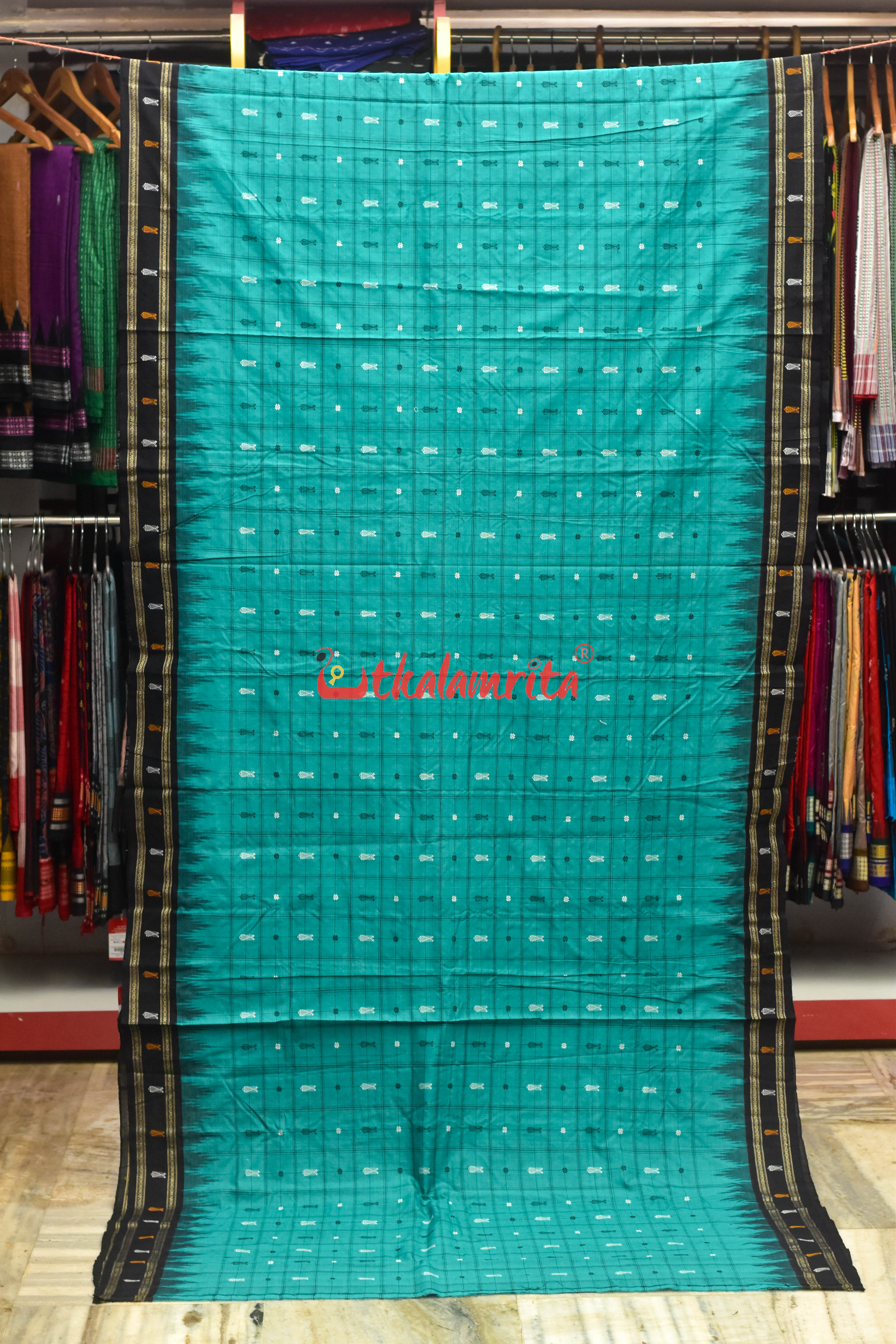 Nuapatna Hazar Buti Sea Green Black Cotton Saree