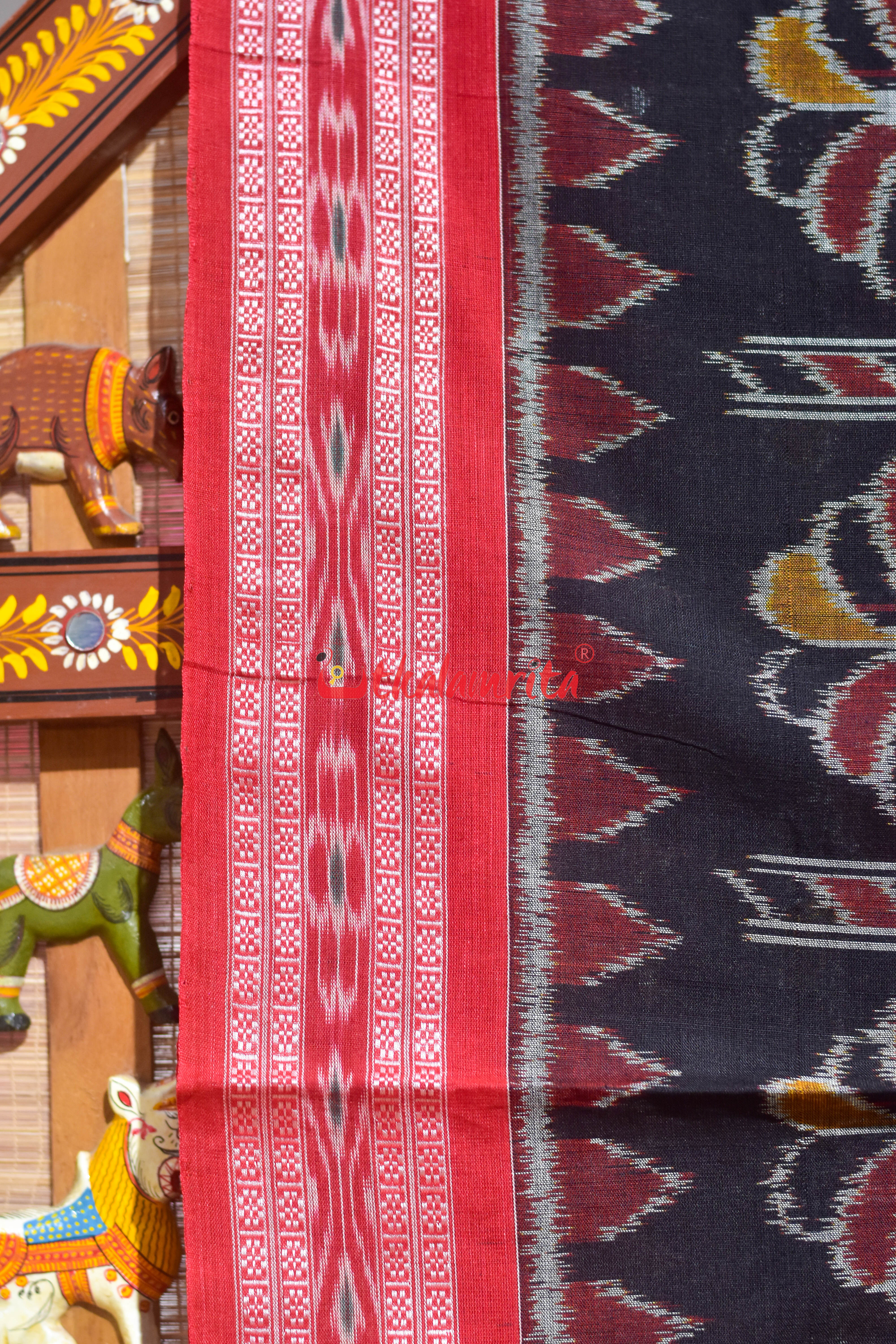 Black Red Elephant Khandua Cotton Saree