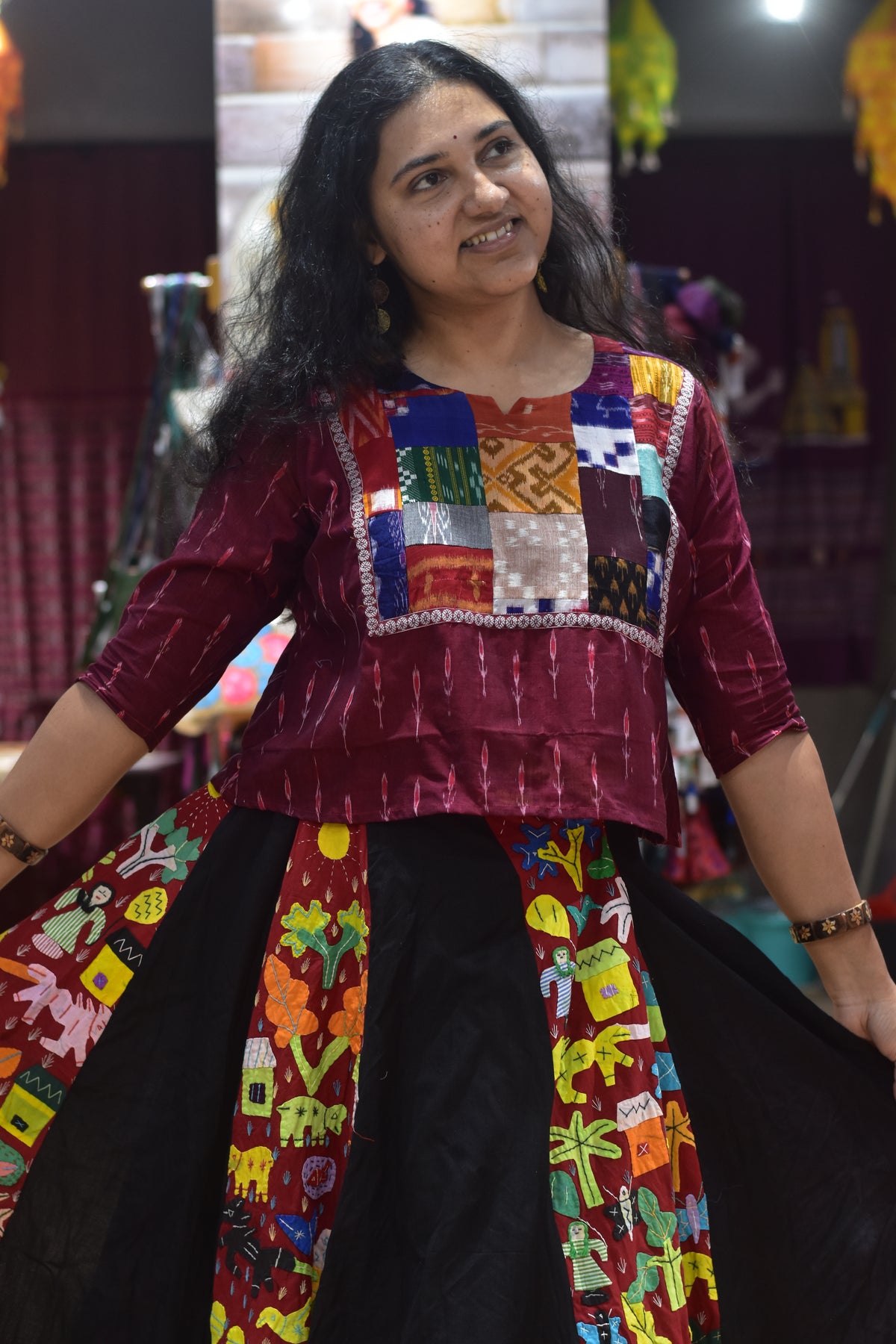 Black Applique Fusion Ikat Designer Garba Skirt