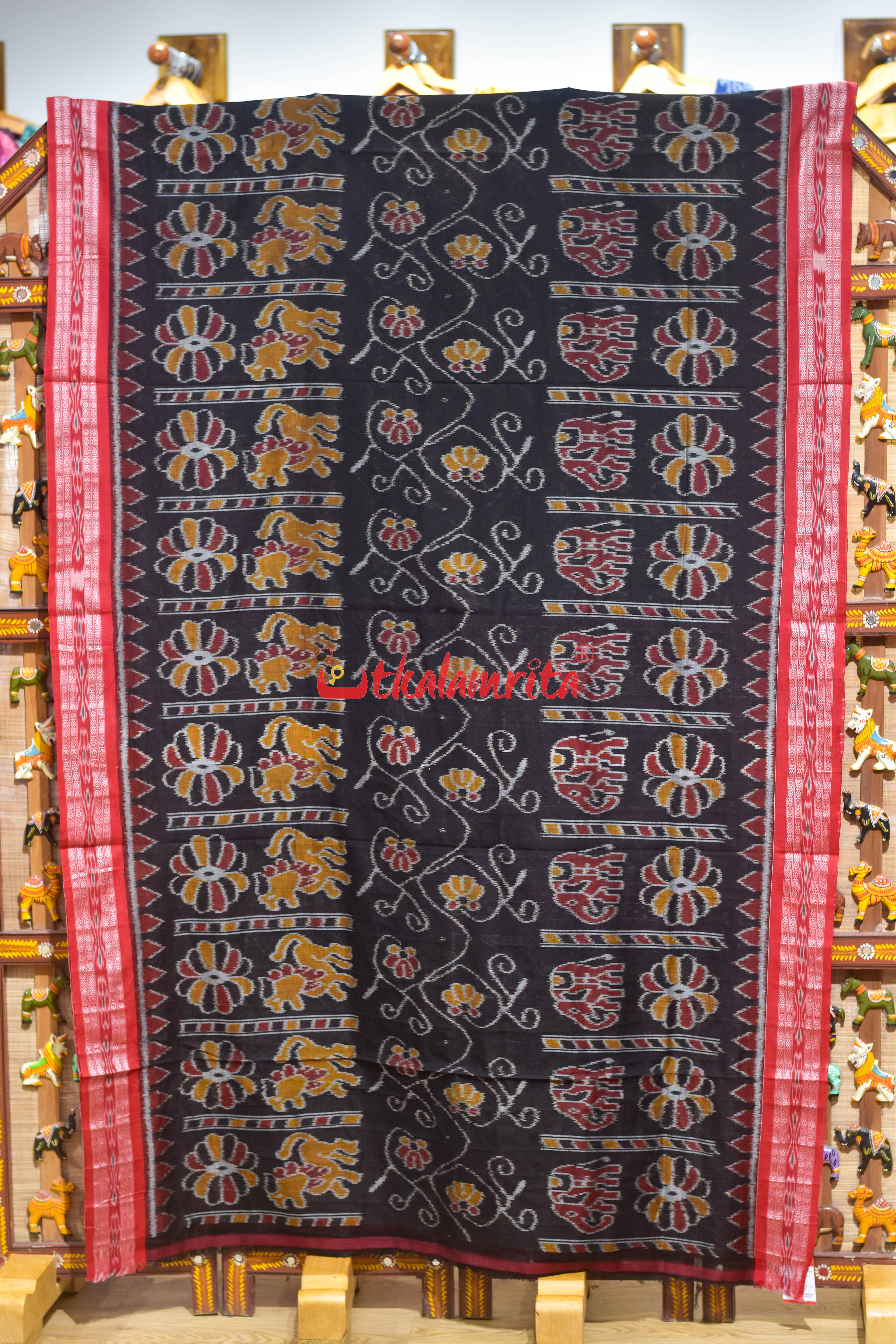 Black Red Elephant Khandua Cotton Saree