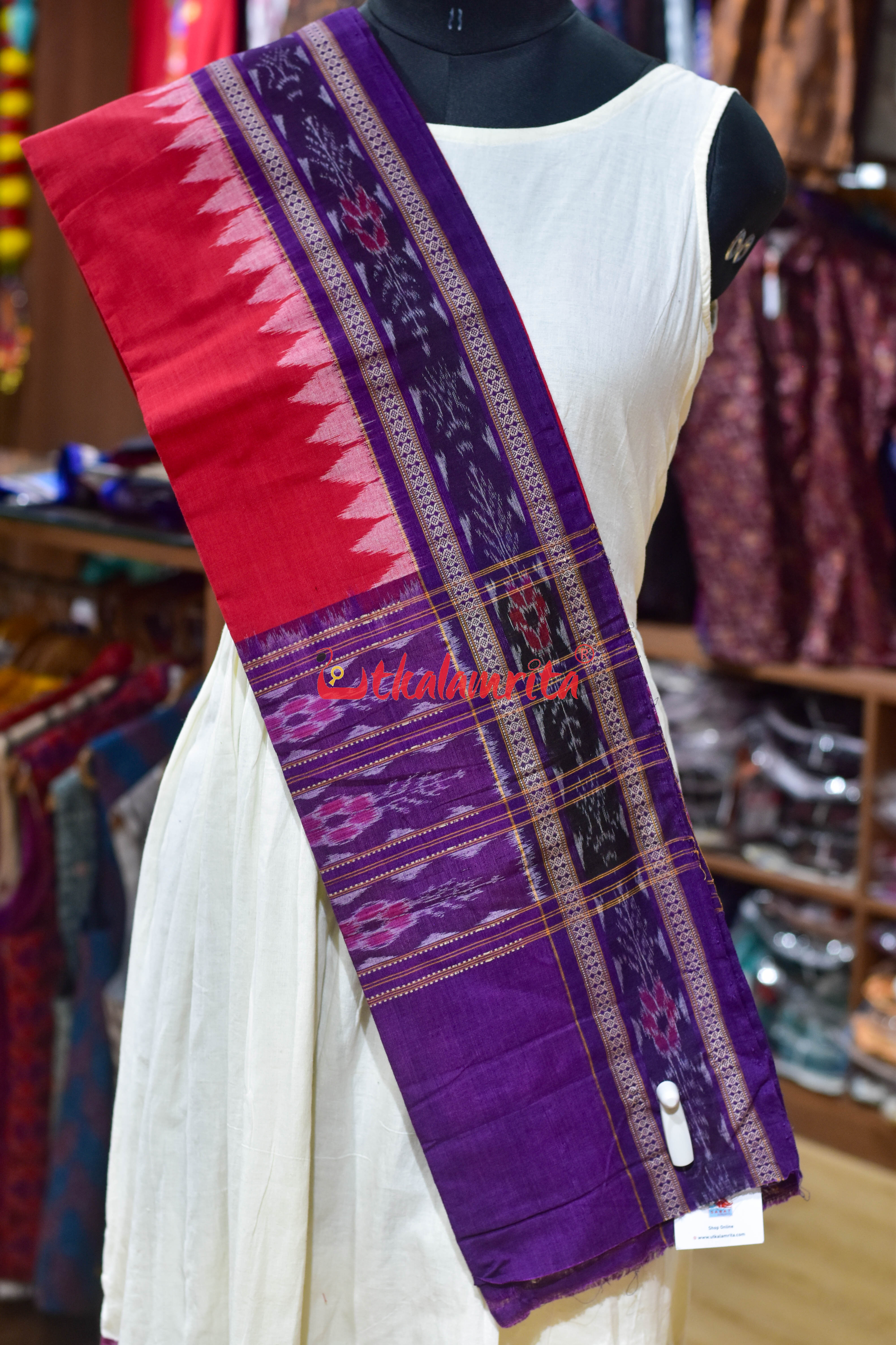Red with Purple Flower Bandha Cotton (Dupatta)