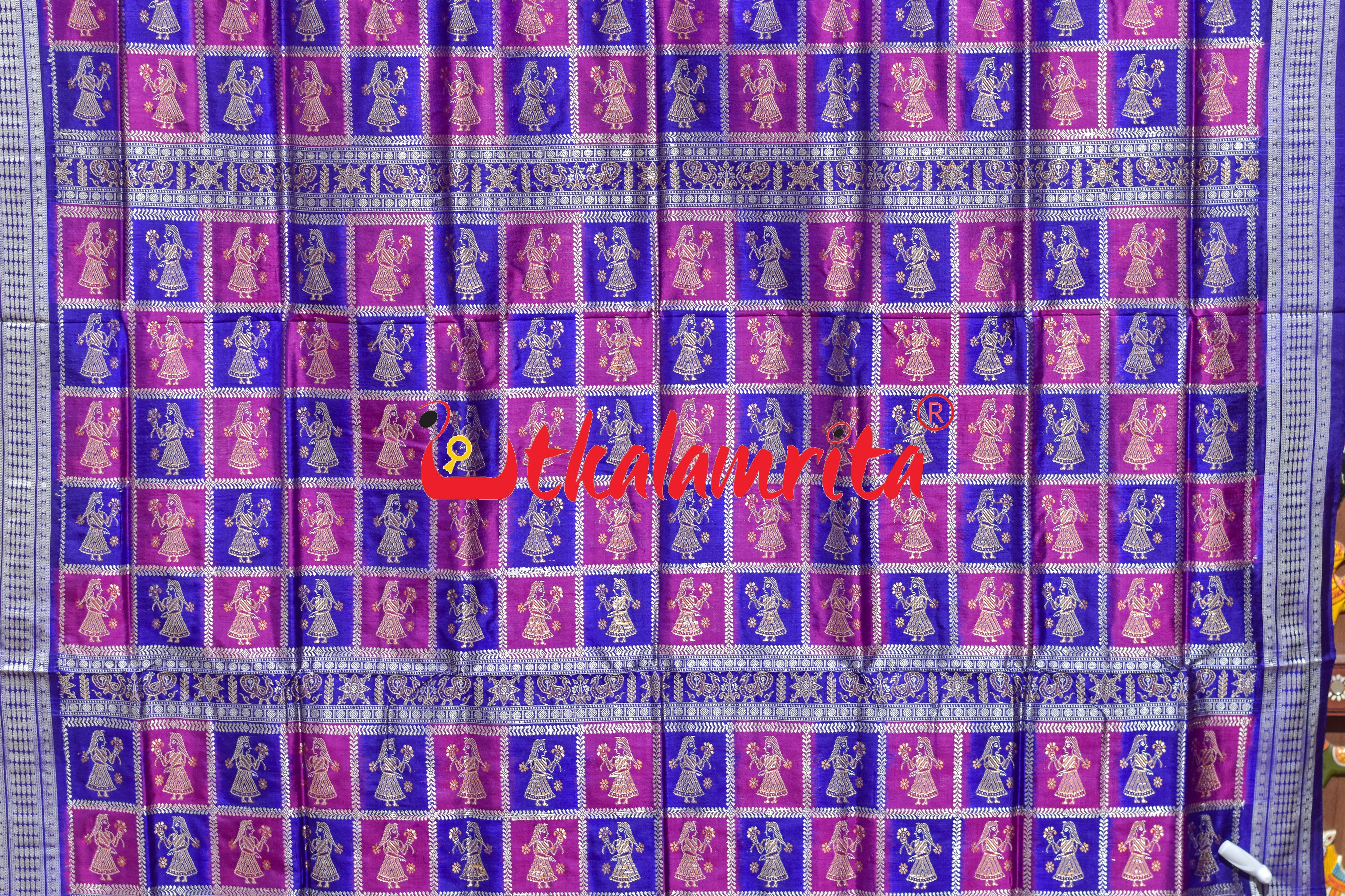 Rani Blue Tribal Temple Bomkai Silk Saree