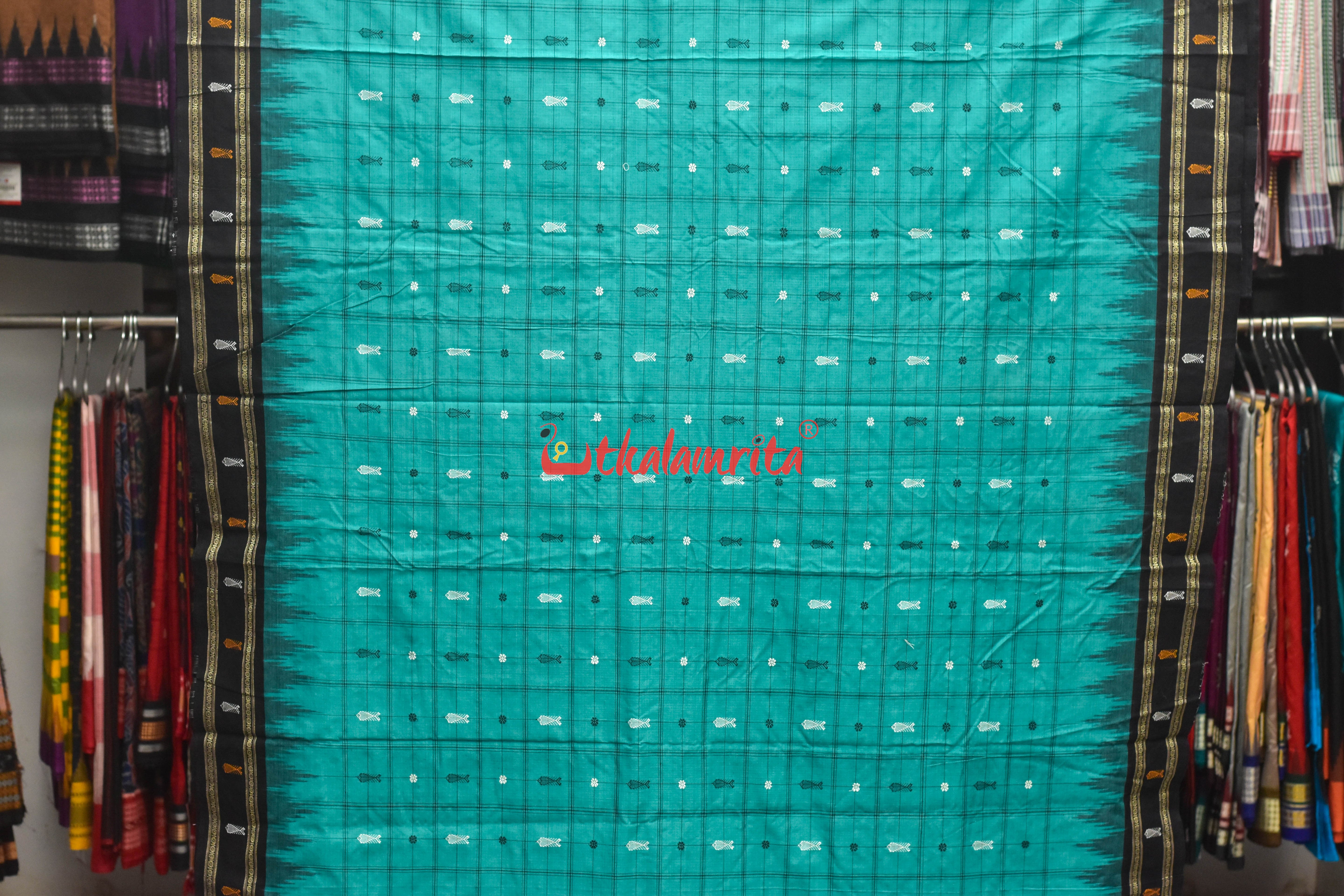 Nuapatna Hazar Buti Sea Green Black Cotton Saree