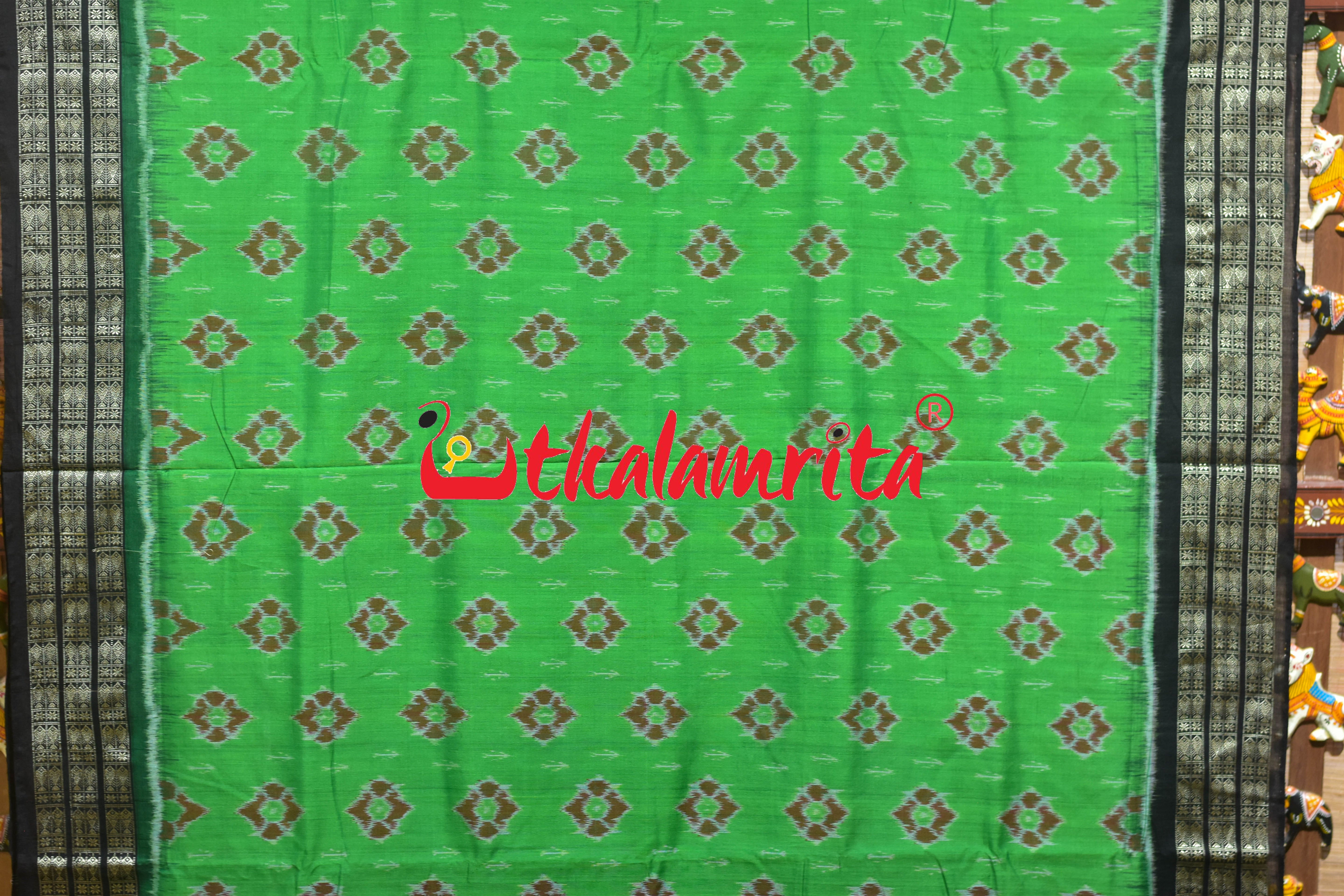 Parrot Green Black Flower Sambalpuri Cotton Saree