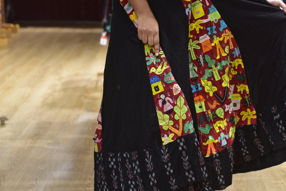 Black Applique Fusion Ikat Designer Garba Skirt