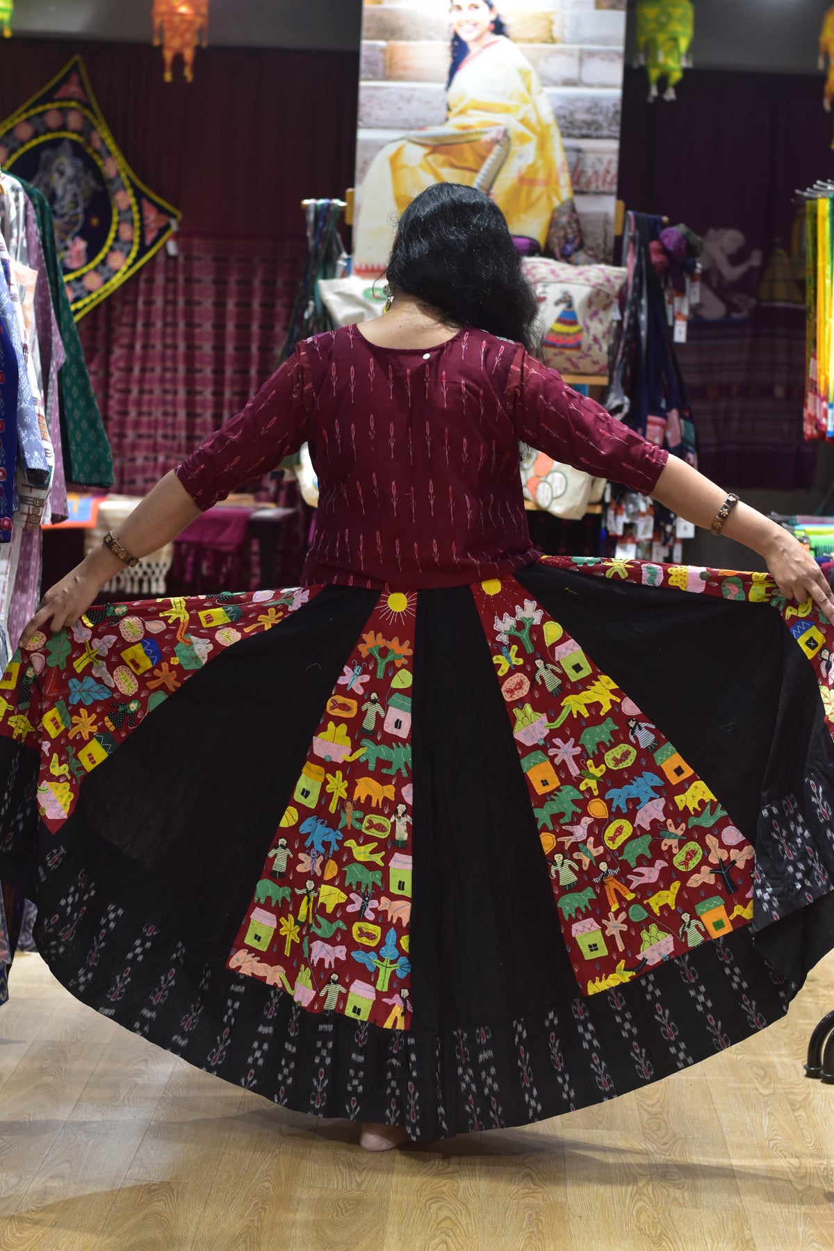 Black Applique Fusion Ikat Designer Garba Skirt