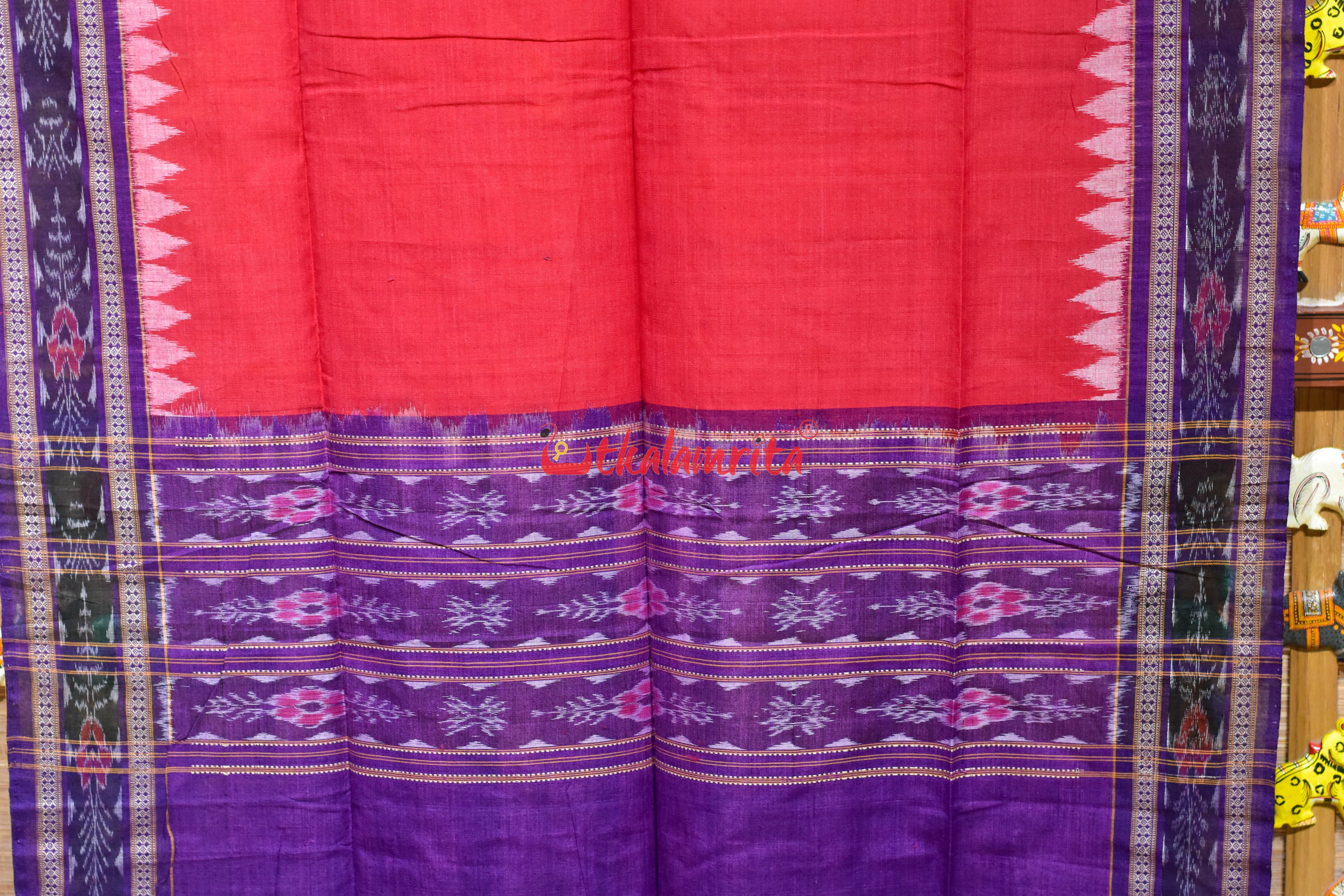 Red with Purple Flower Bandha Cotton (Dupatta)