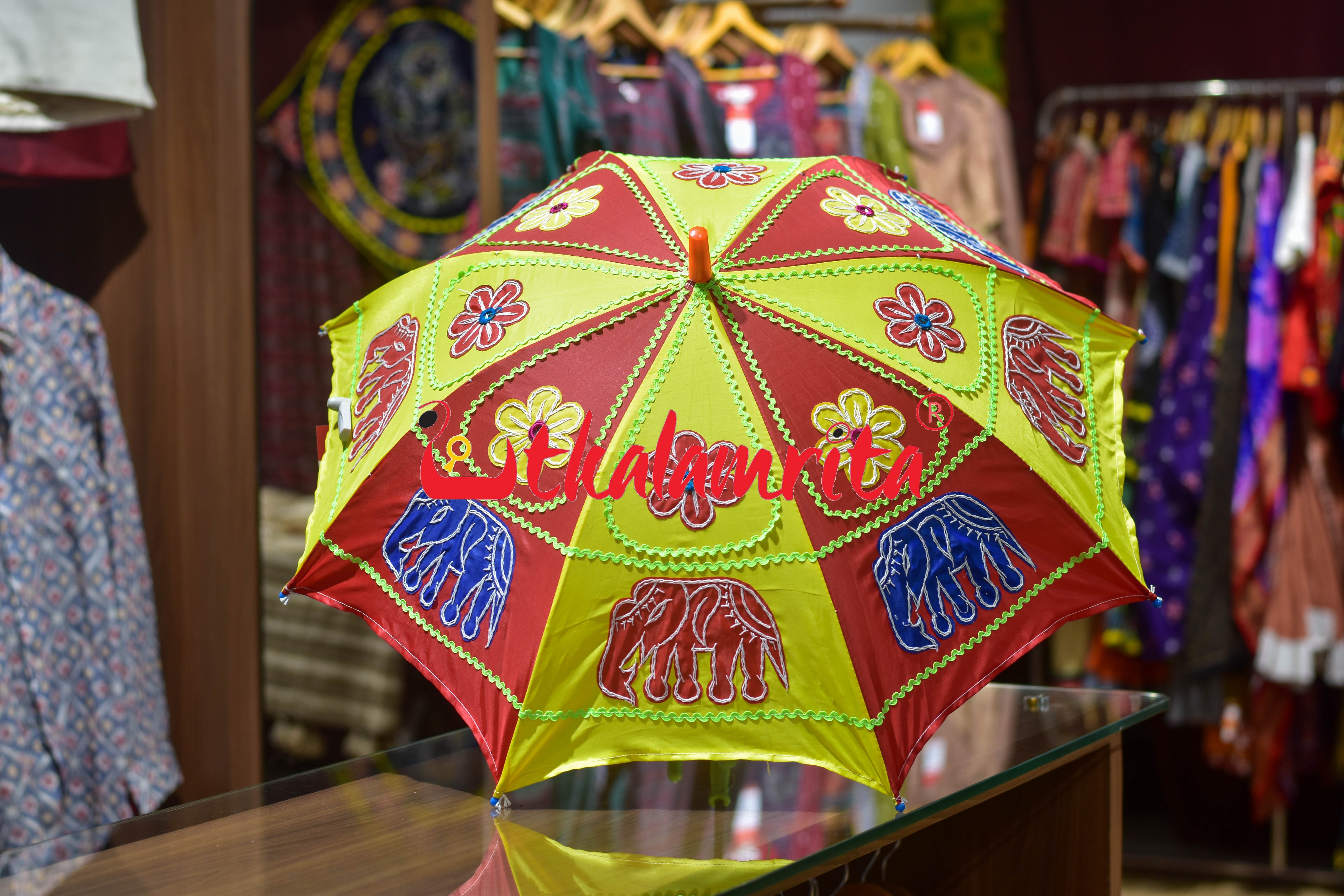 Red Yellow Elephants Pipli Waterproof Umbrella