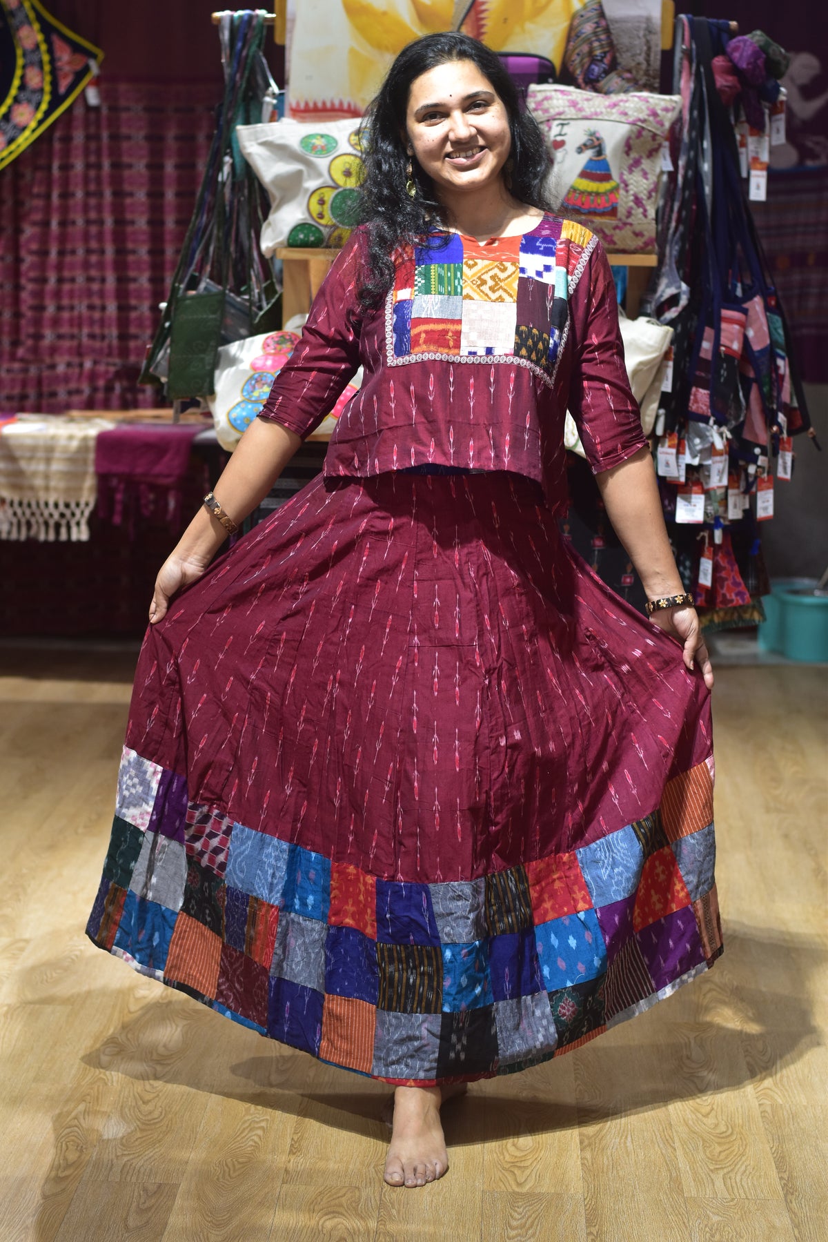 Maroon Labanga Ikat Designer Garba Skirt