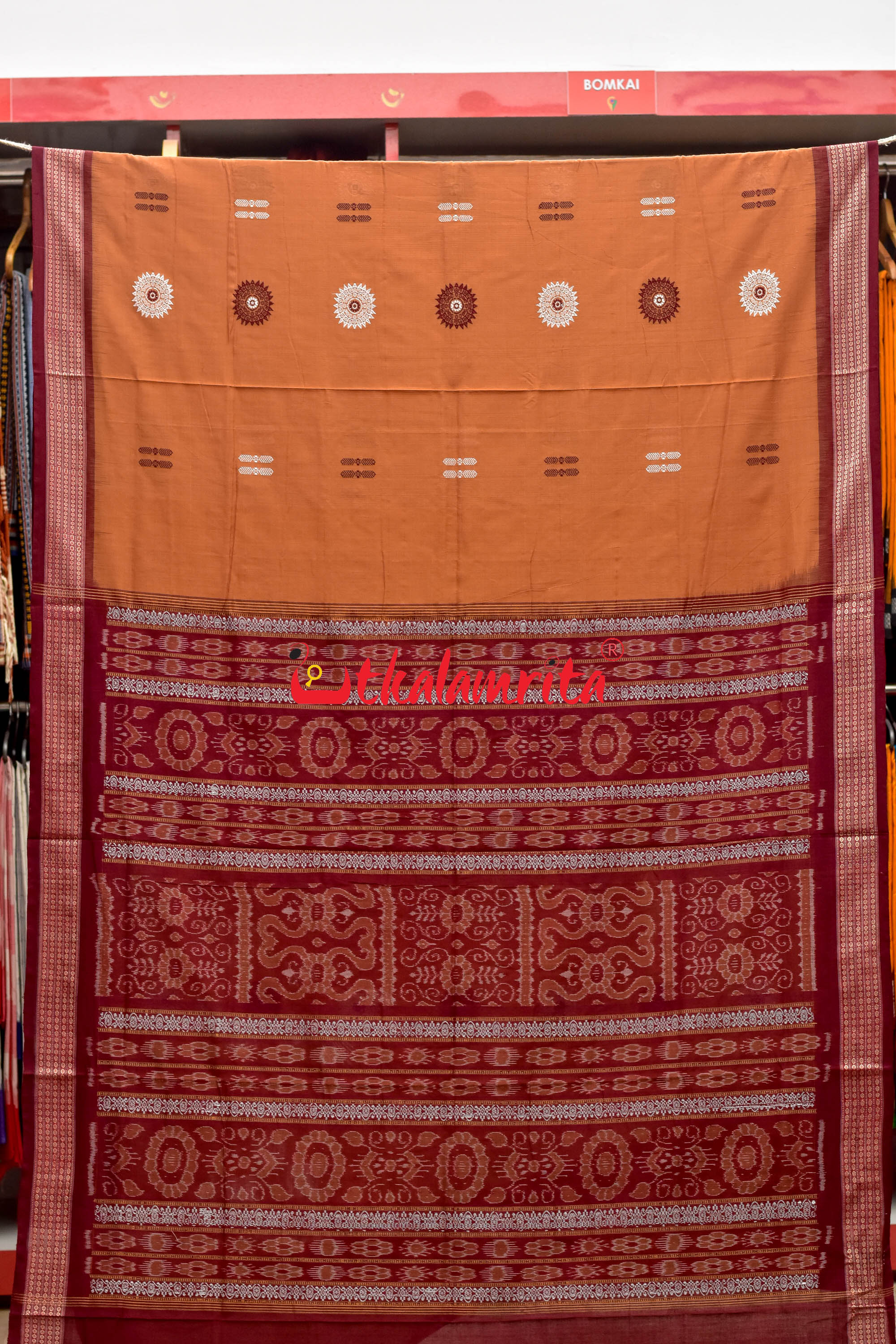 Biscuit Maroon Padam Bomkai Cotton Saree