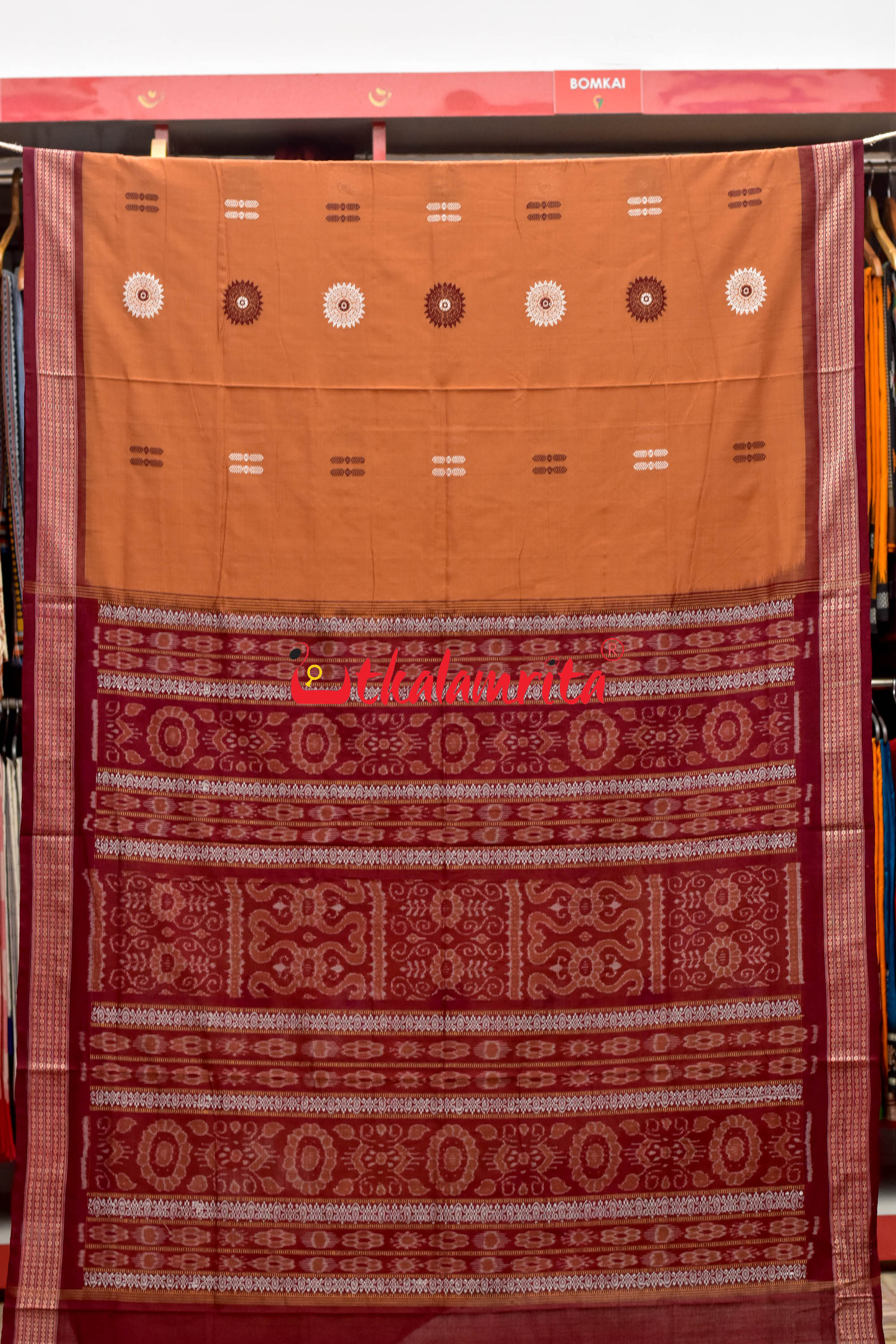 Biscuit Maroon Padam Bomkai Cotton Saree
