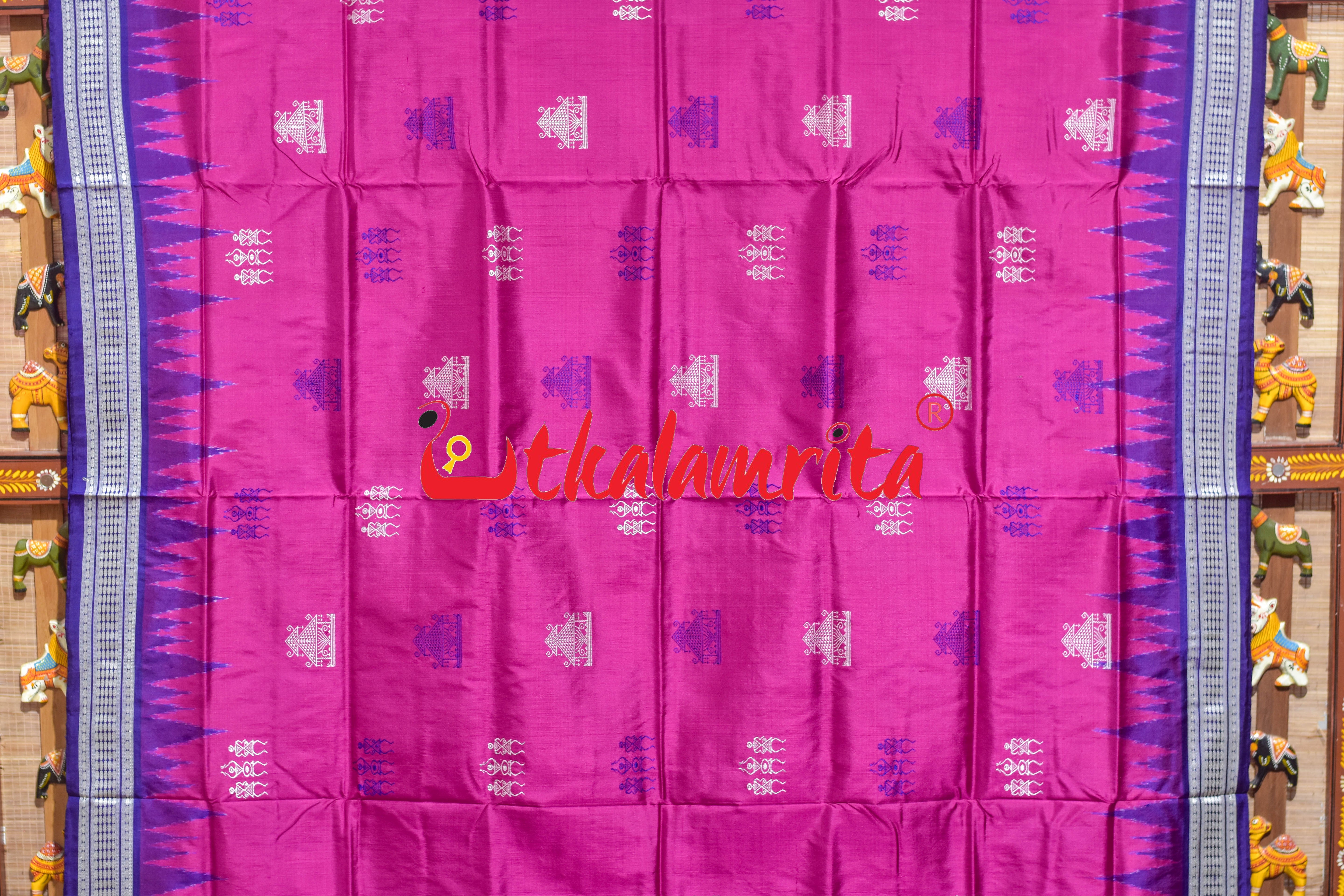 Rani Blue Tribal Temple Bomkai Silk Saree