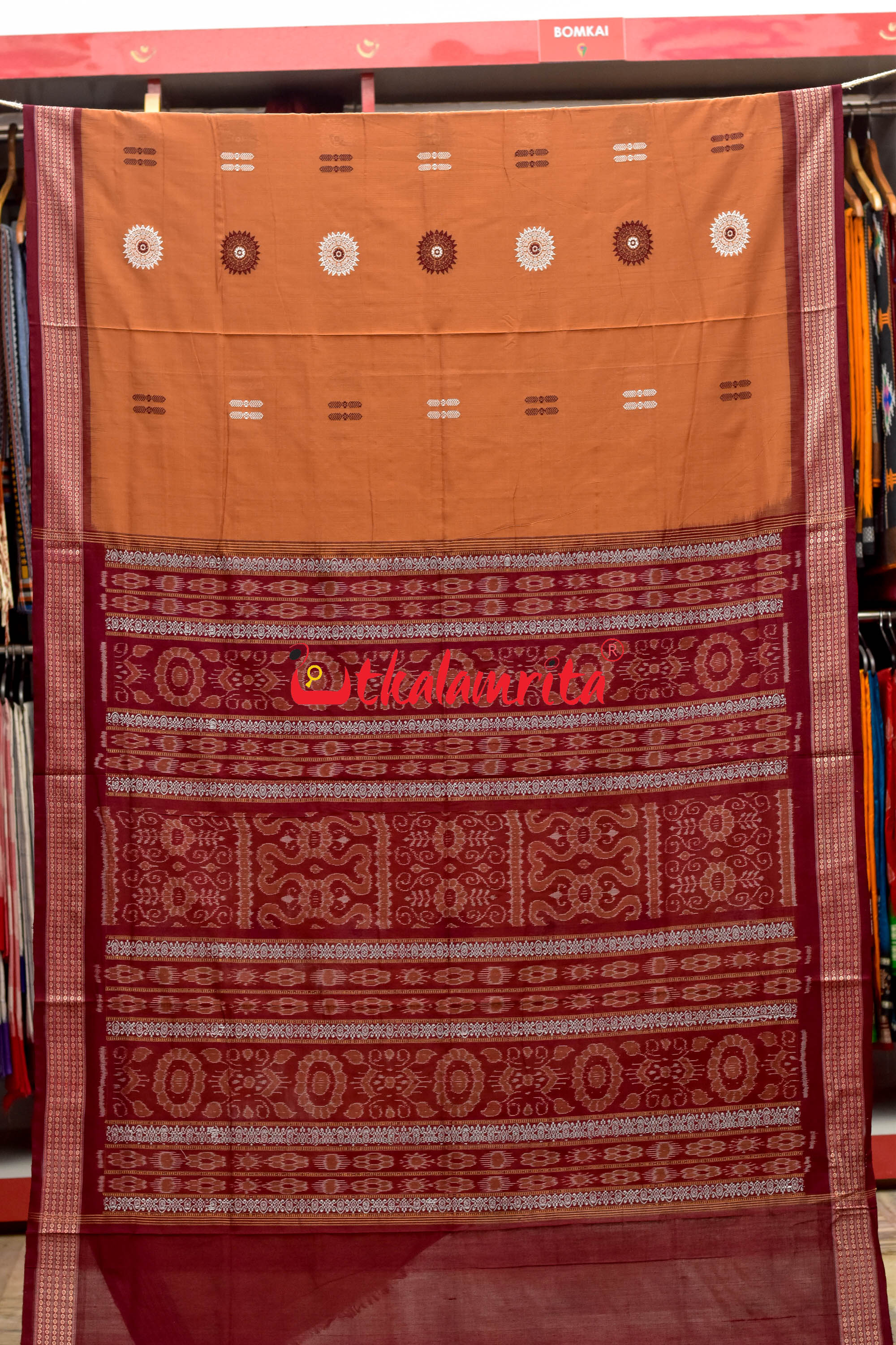 Biscuit Maroon Padam Bomkai Cotton Saree