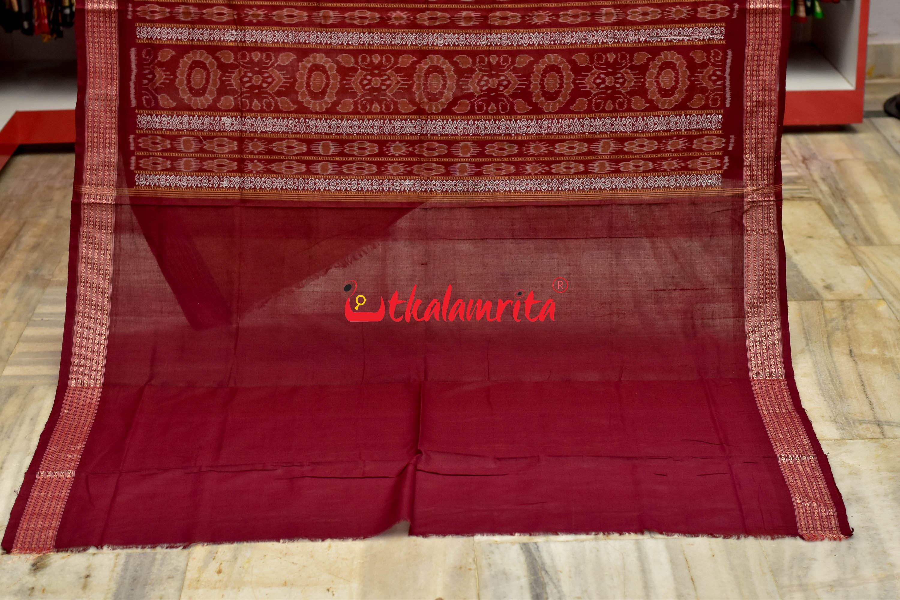 Biscuit Maroon Padam Bomkai Cotton Saree