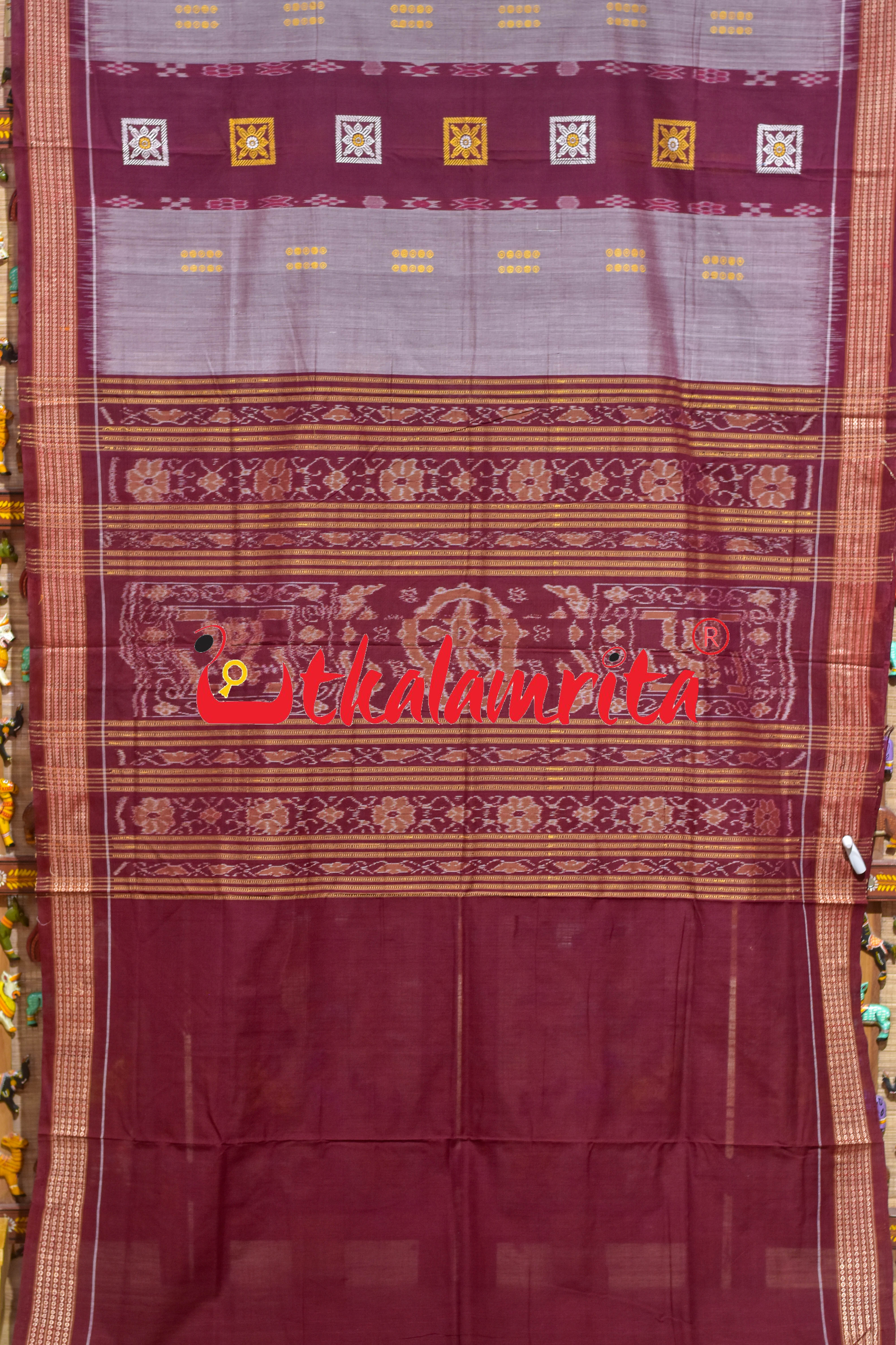 Maroon Flower Pere Bandha Bomkai Cotton Saree