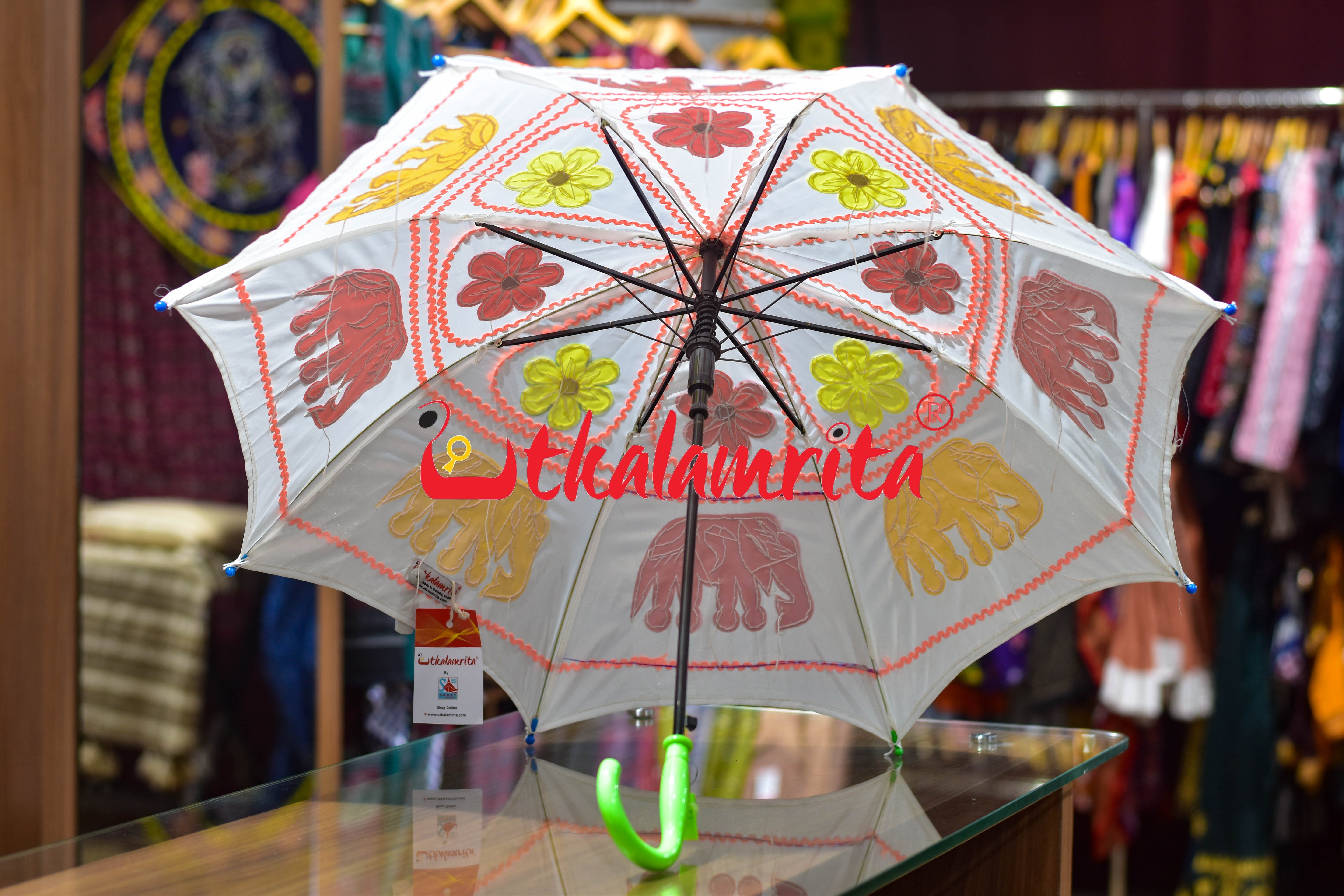 White Yellow Elephants Pipli Waterproof Umbrella
