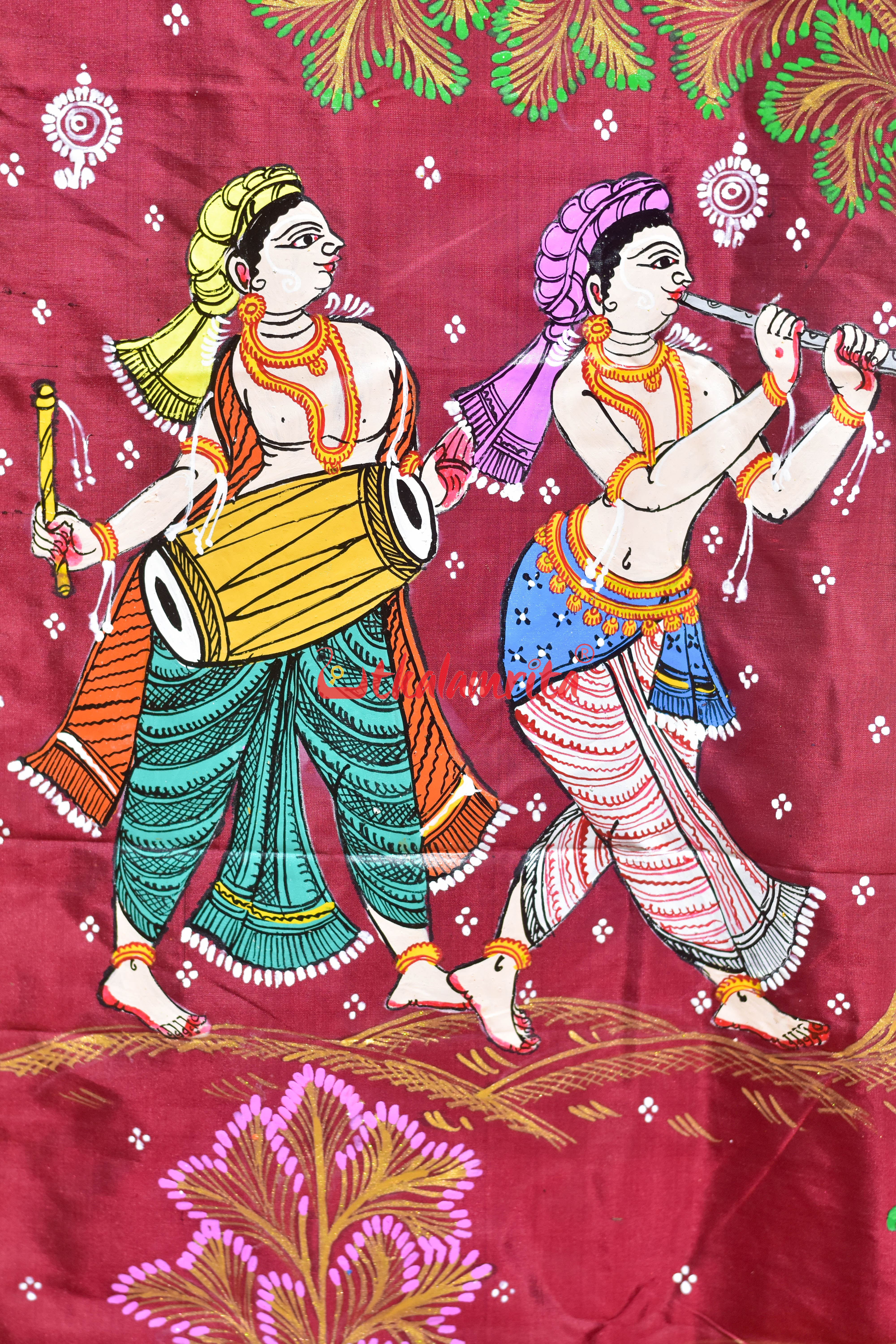 Maroon Ghoda Nacha Pattachitra Silk Saree