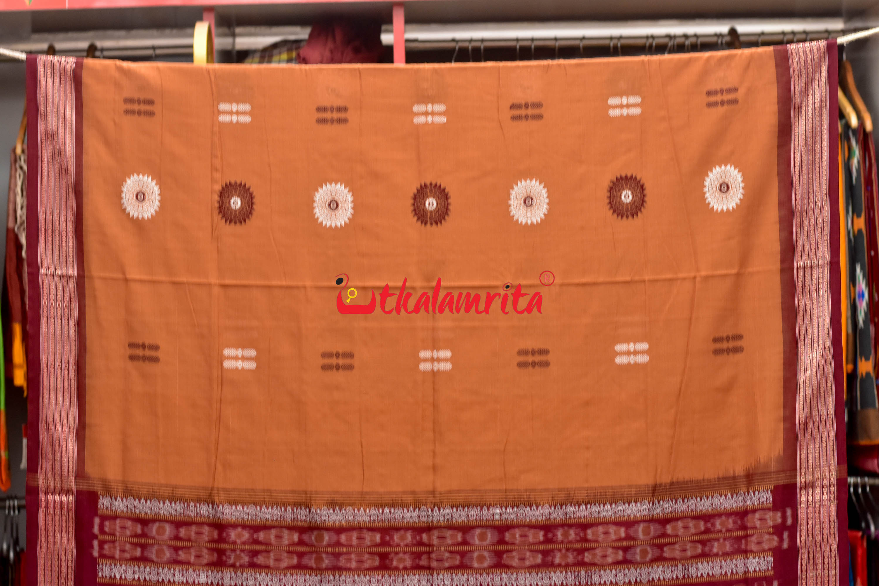 Biscuit Maroon Padam Bomkai Cotton Saree