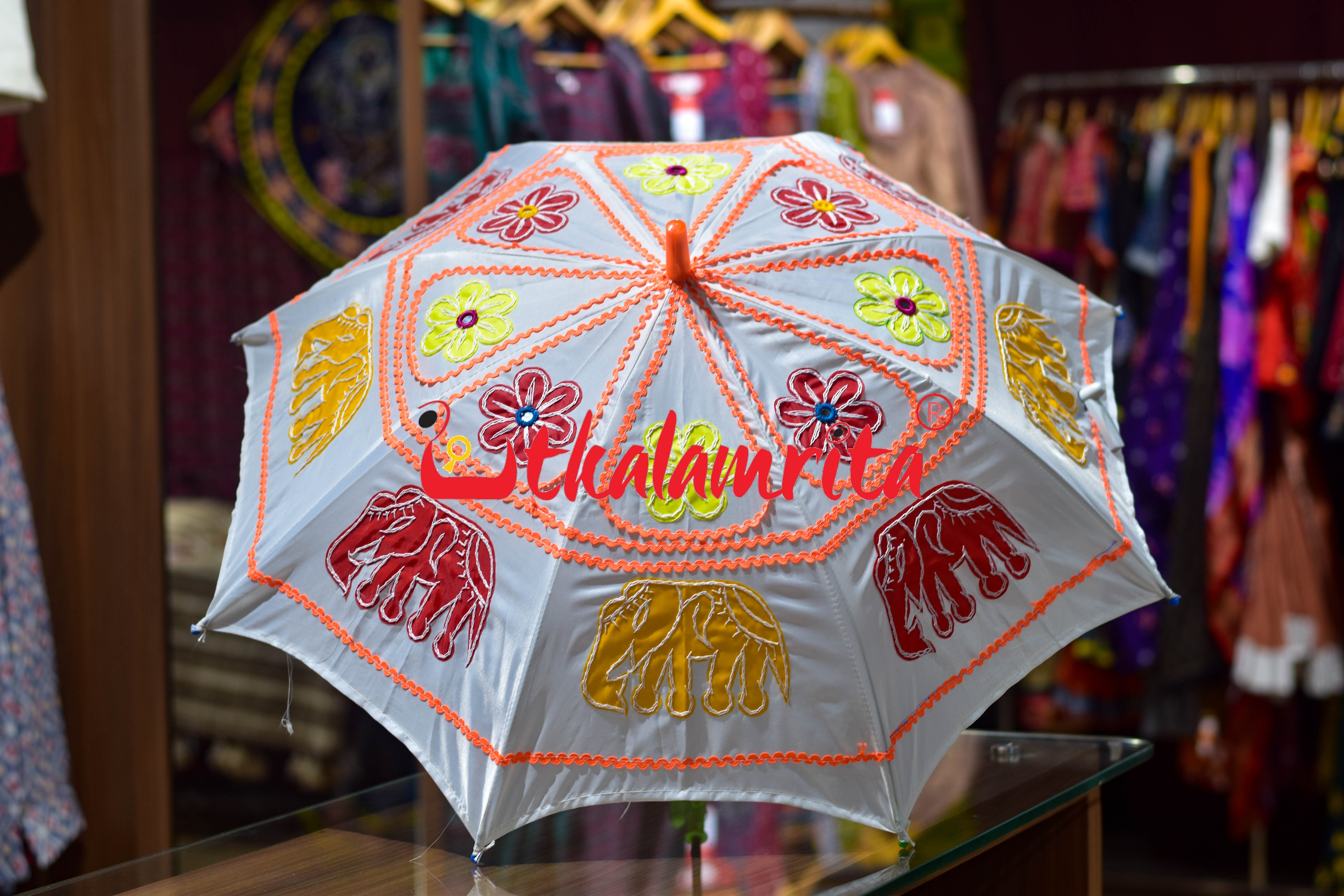 White Yellow Elephants Pipli Waterproof Umbrella