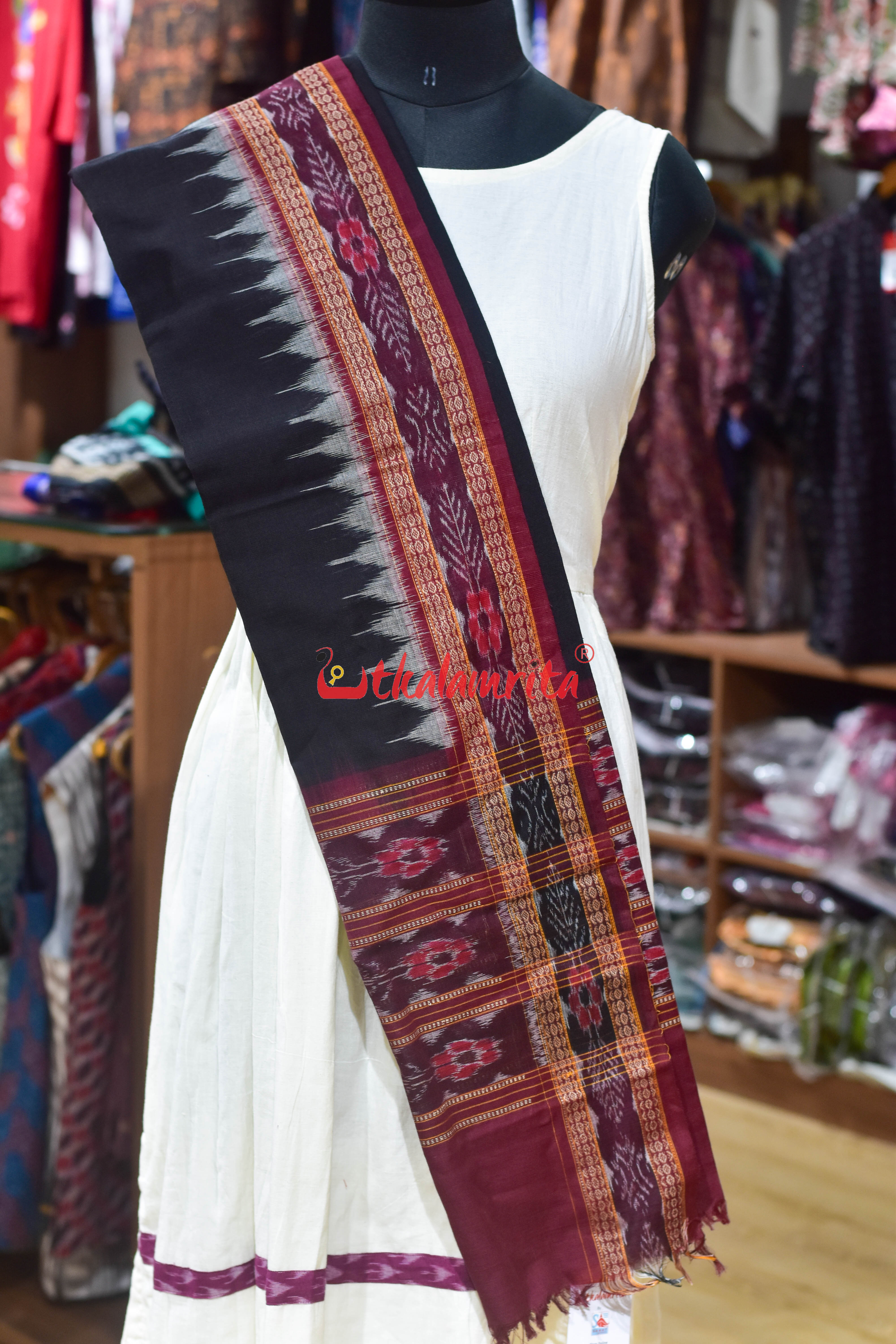 Black Maroon with Grey Kumbha Cotton (Dupatta)