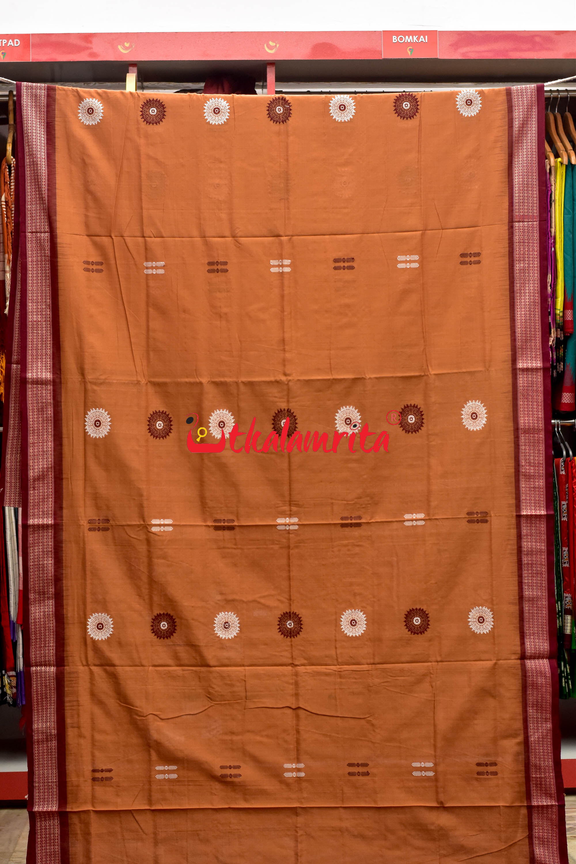 Biscuit Maroon Padam Bomkai Cotton Saree
