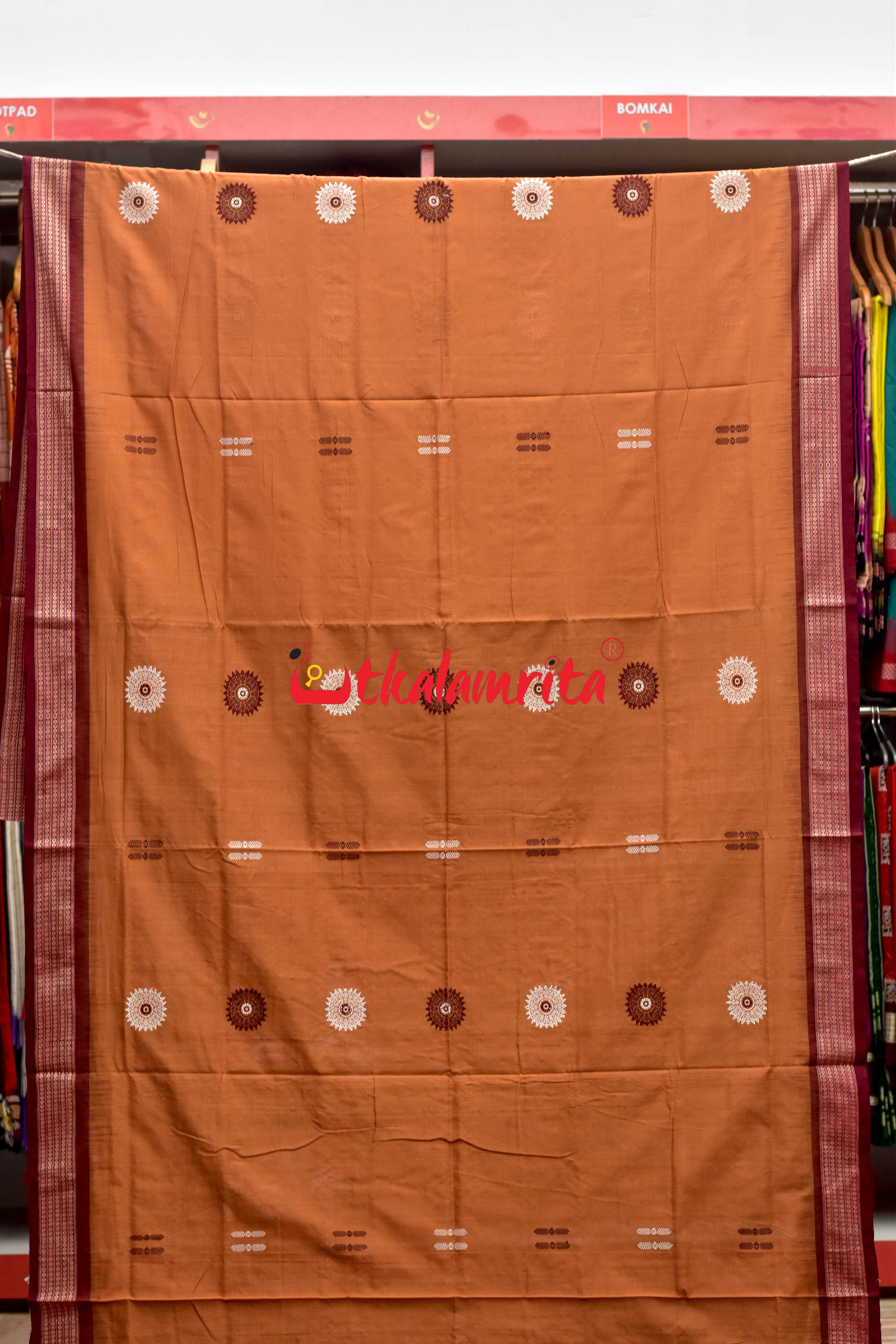 Biscuit Maroon Padam Bomkai Cotton Saree