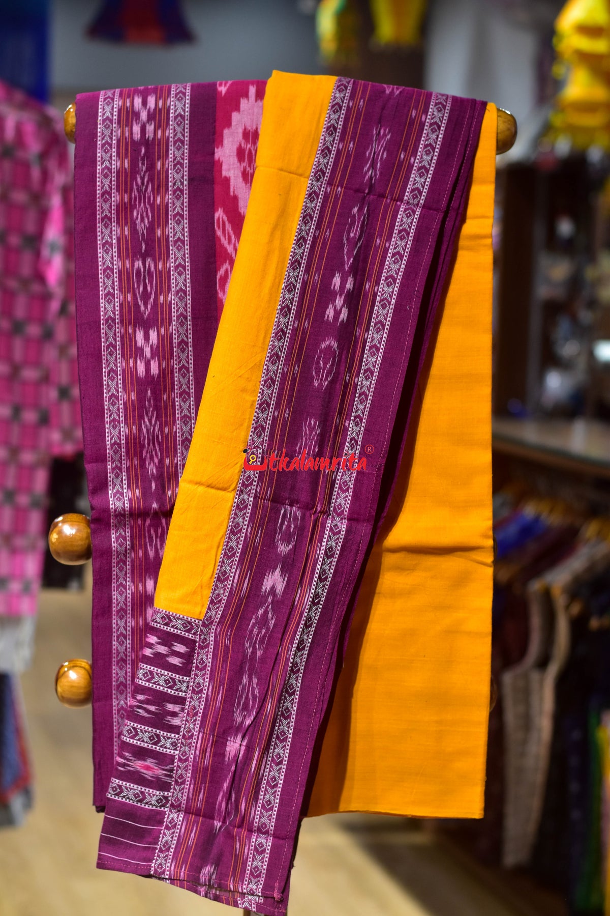 Magenta Yellow Middle Sankha Chakra Design Dress Set